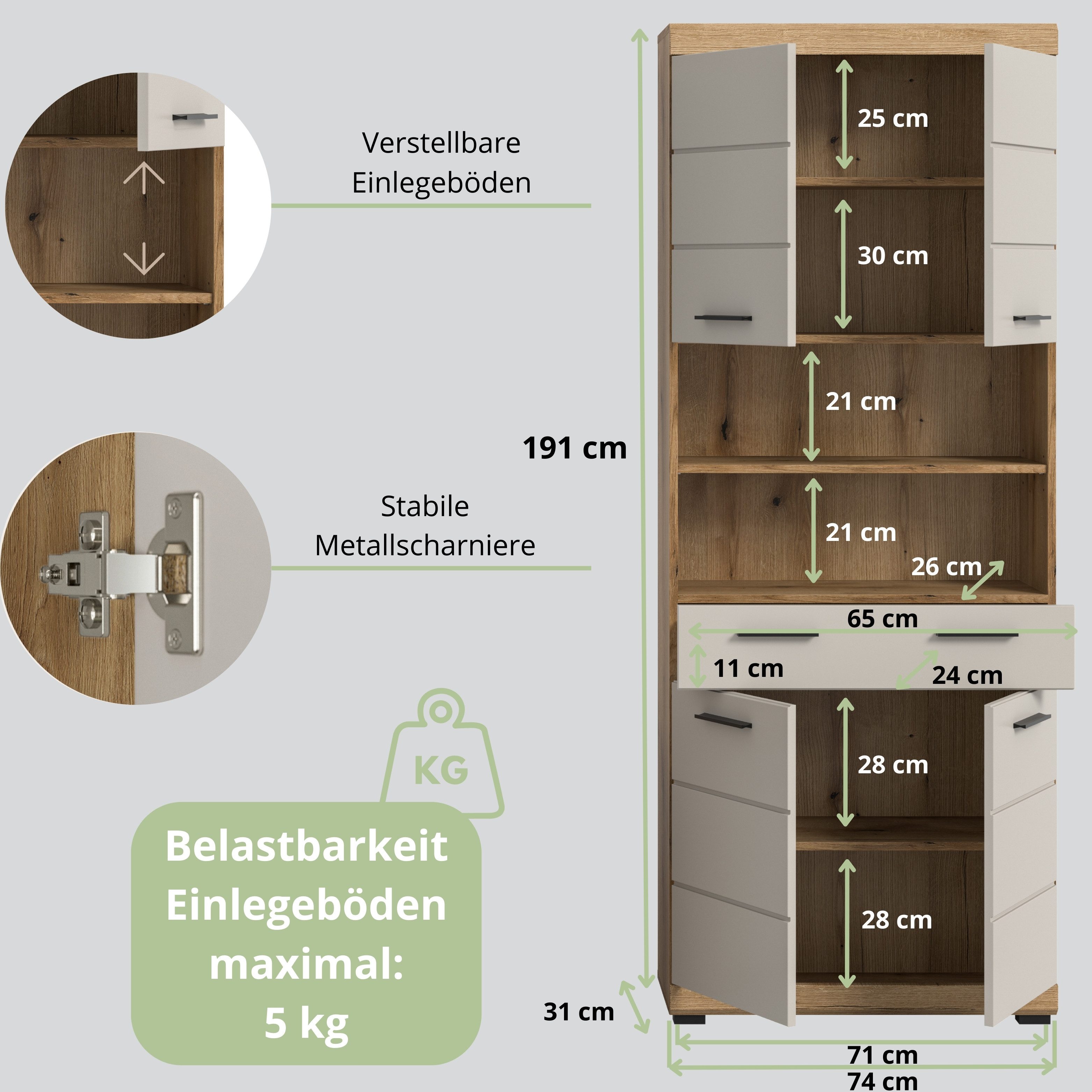 furnling Hochschrank Scott 4 Türen, 1 Schublade, 2 offene Fächer, Badmöbel, Badschrank – Bild 3 von 5