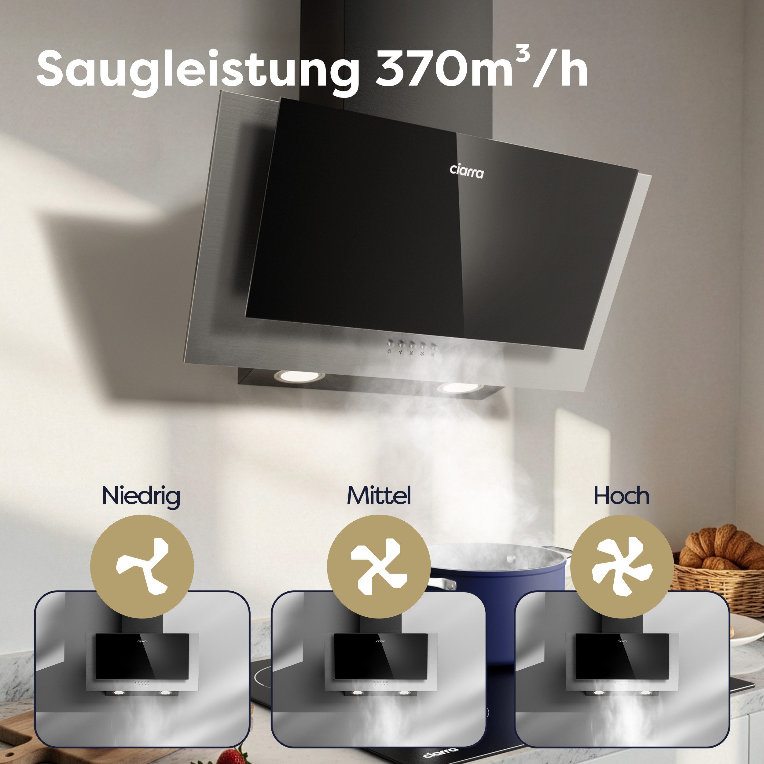 CIARRA Kopffreihaube 60 cm Dunstabzugshaube für kleine Küchen A++ 370 m³/h CBCB6736C 60 cm Dunstabzugshaube für kleine Küchen A++ 370 m³/h CBCB6736C, Abluft & Umluft, 2 Aktivkohlefilter, 3 Stufen, LED-Beleuchtung