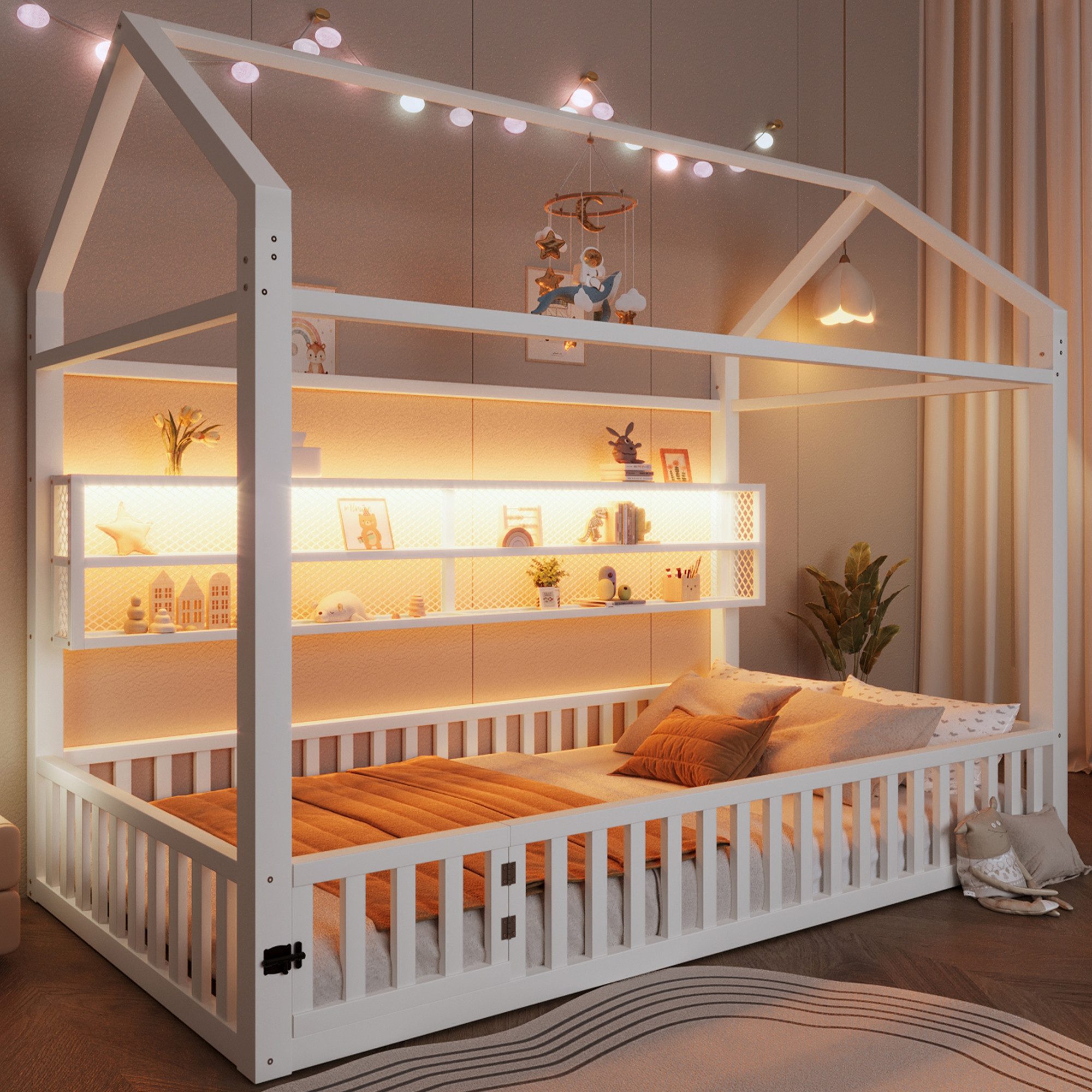 Merax Kinderbett mit LED-Beleuchtung, Plattformbett im Haus-Design (Jugendbett Einzelbett Babybett, 1-tlg., Metallbett), Bodenbett Hausbett 90x200cm mit Ablagefächern, Sicherheitszaun & Tür