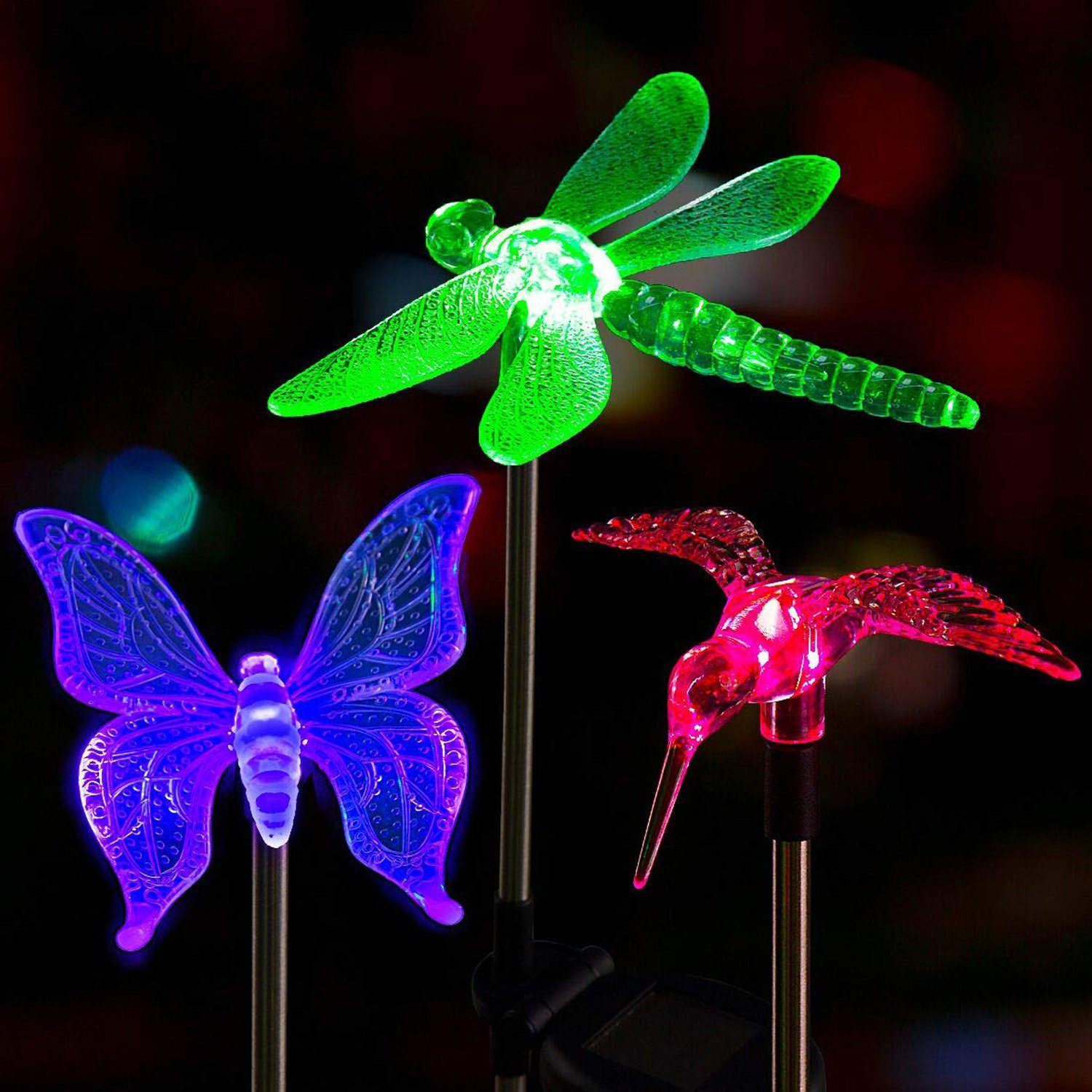 LANOR LED Solarleuchte Solar-Gartendeko Schmetterlinge, Libellen, Vögel  Lichter, - Wegbeleuchtung, (3 Stück)