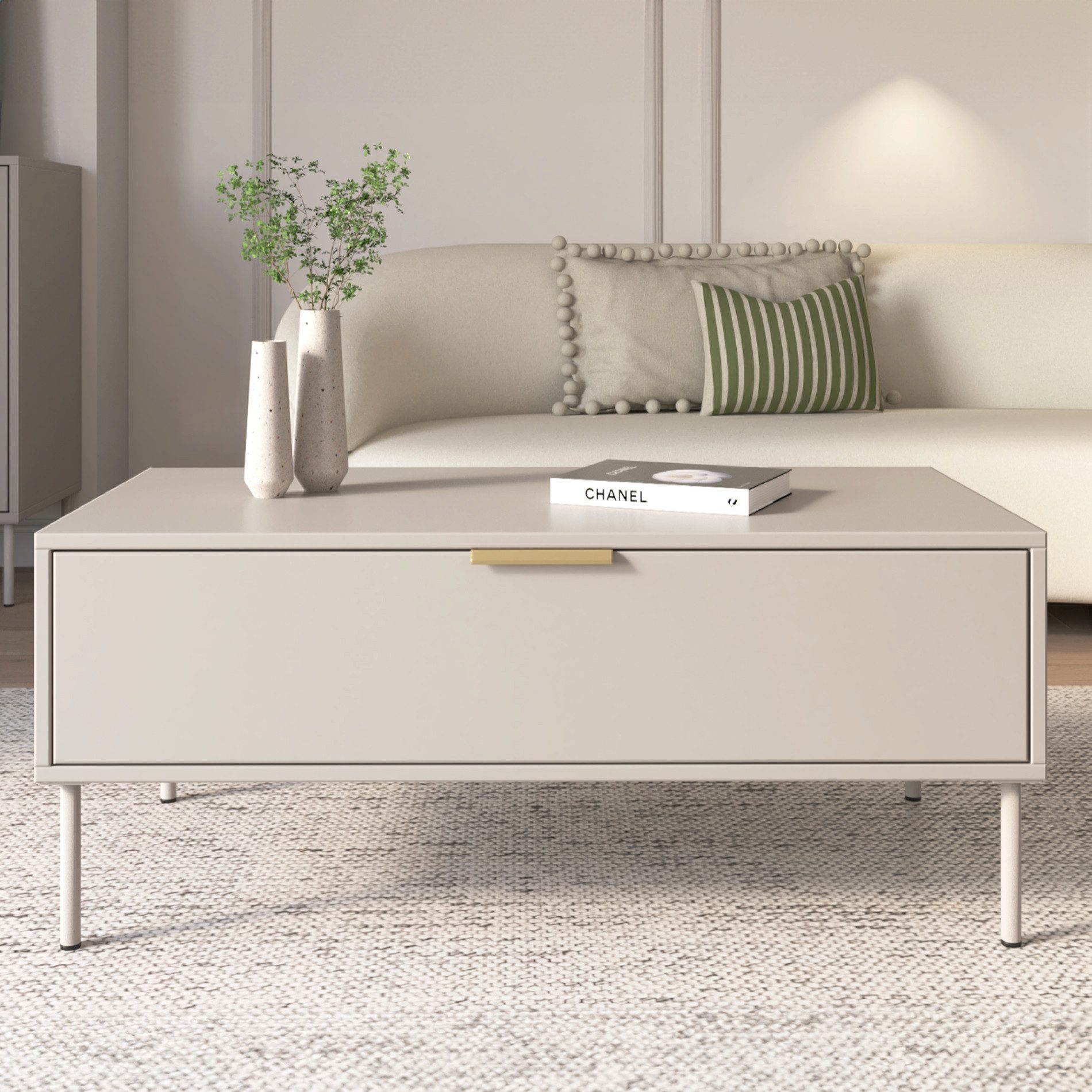 Selsey Couchtisch VENA, Couchtisch in Kaschmirgrau mit goldenen Griffen, 100x50 cm