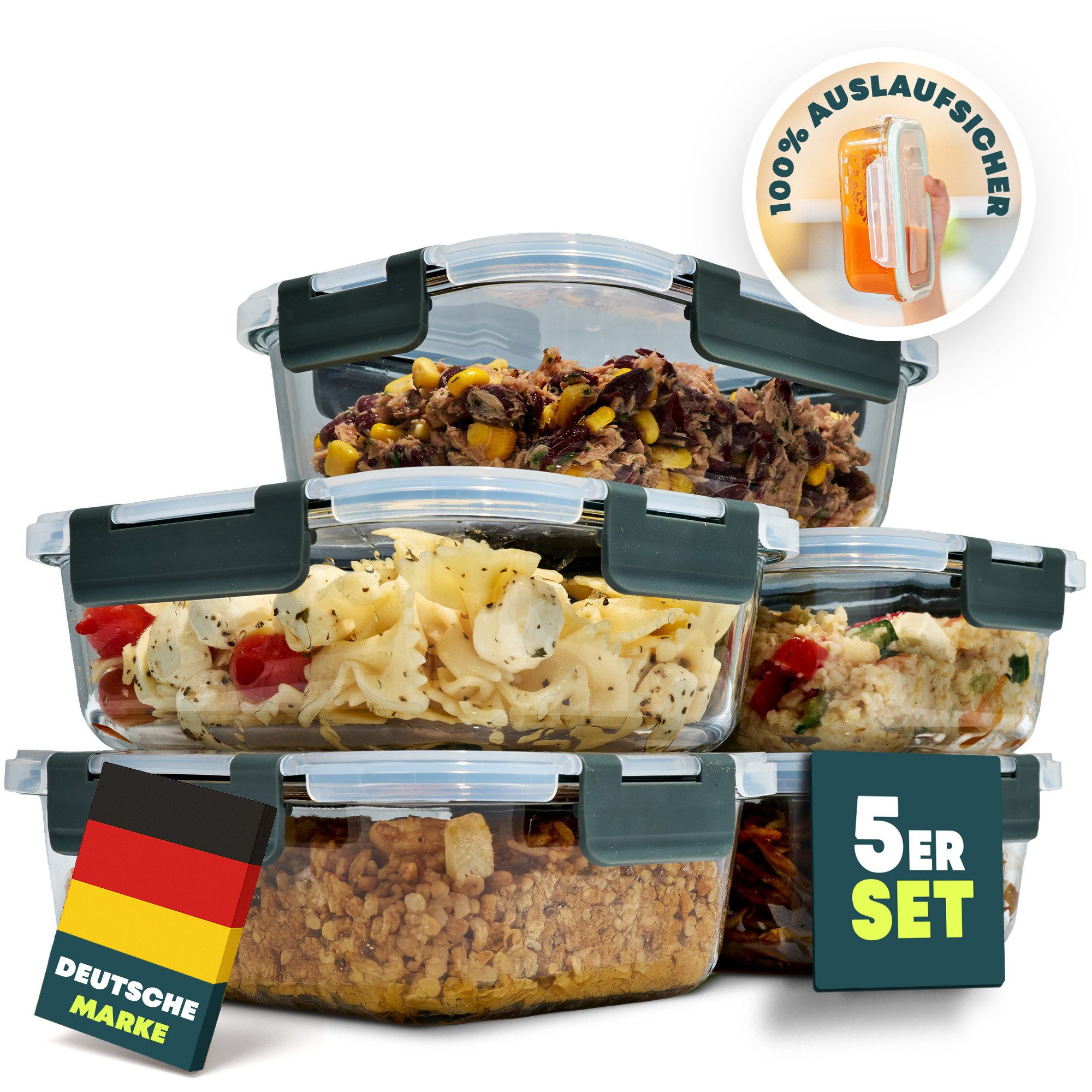 uandu home Frischhaltedose Glasbehälter mit Deckel, 5er Set Anthrazit