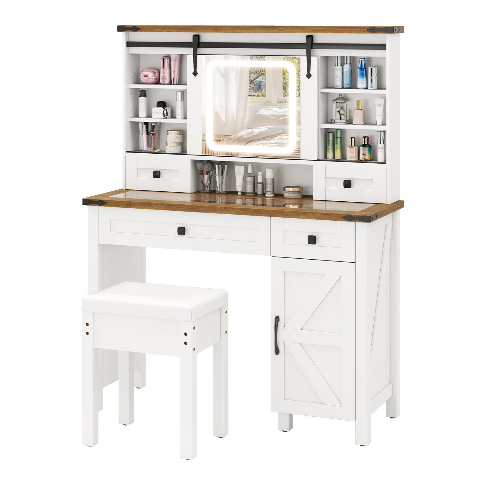 COSTWAY Schminktisch (1-St), mit LED-Beleuchtung, Hocker, Schiebespiegel günstig online kaufen