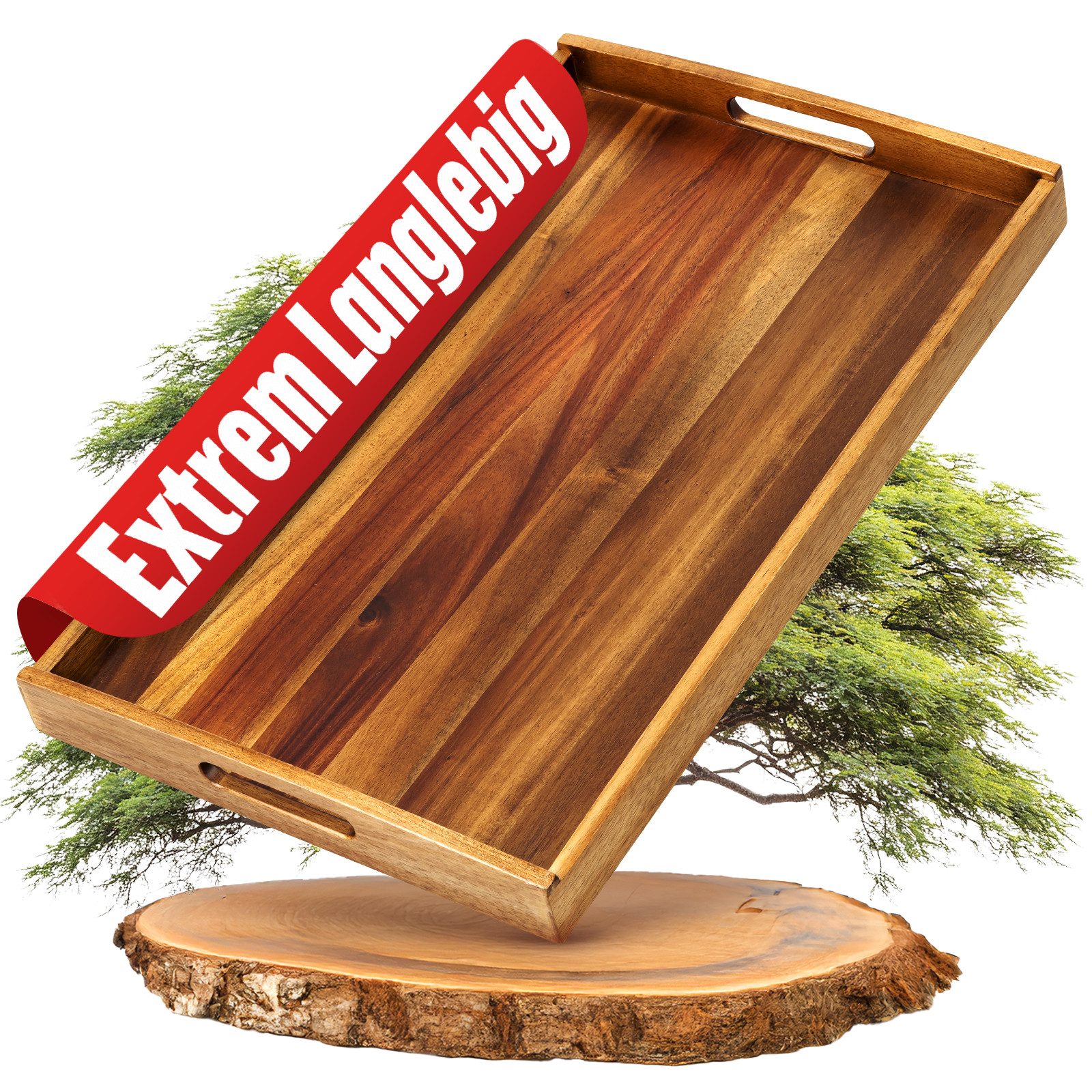 HEIMWERT Tablett Tablett Akazie Holztablett, Akazie, (1-tlg), besonders stabiles und leichtes Holztablett mit Griff