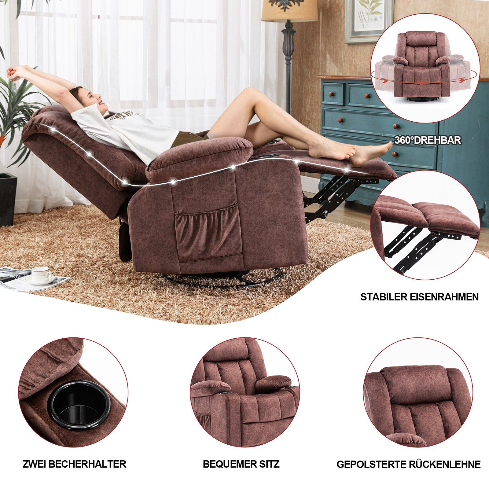 COMHOMA Relaxsessel Power Massagesessel Getränkehalter mit und Lift Fernsehsessel, Elektrisch 2 Liegestuhl Seitentaschen braun
