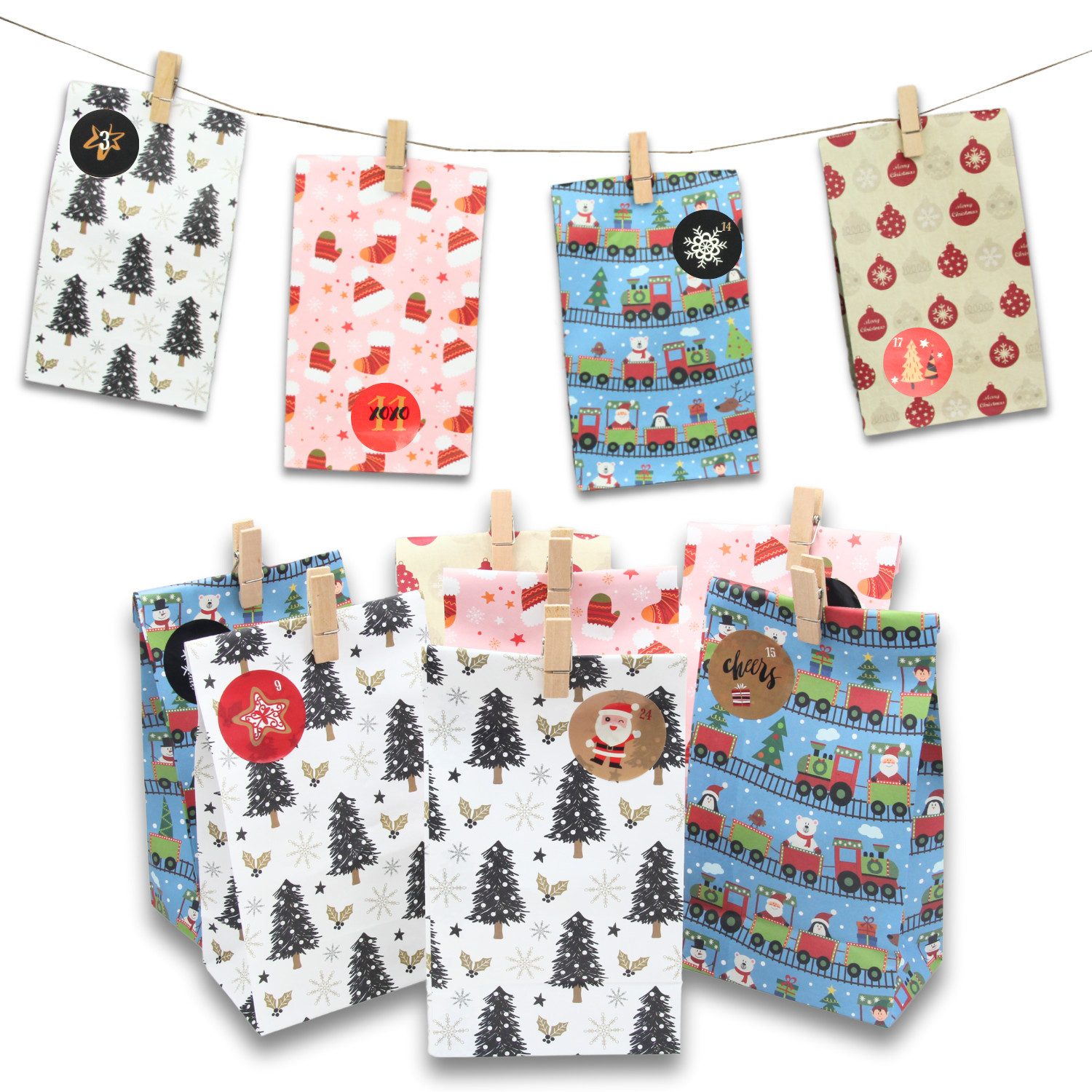 Fomax DIY-Adventskalender zum Befüllen, Komplettes SET mit Papiertüten, Klammern und Stickern, Weihnachtskalender selber machen, wiederverwendbar