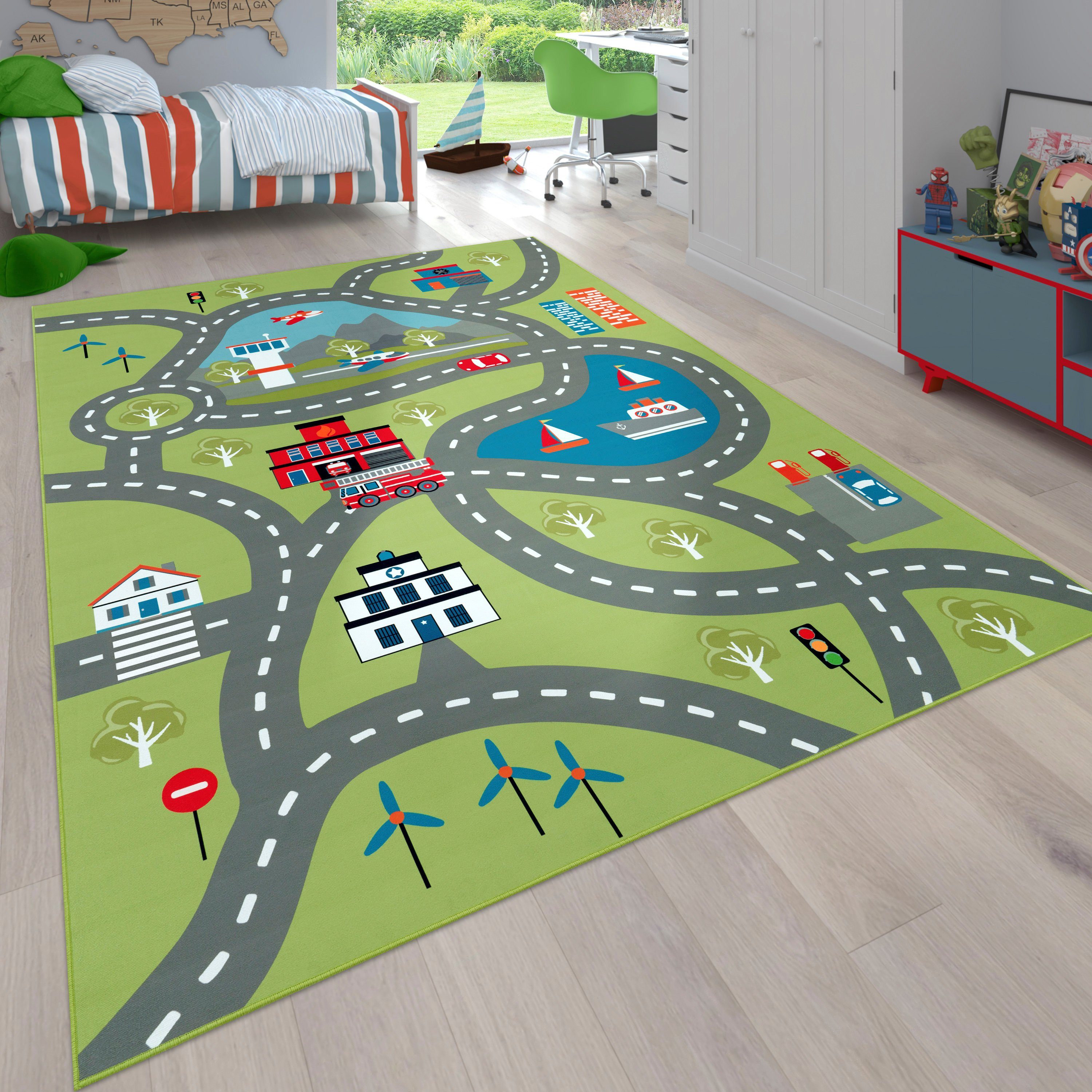 Paco Home Kinderteppich Bino 562, rechteckig, Höhe: 4 mm, Kurzflor, Straßen-Spiel-Teppich, Motiv Flughafen, Kinderzimmer