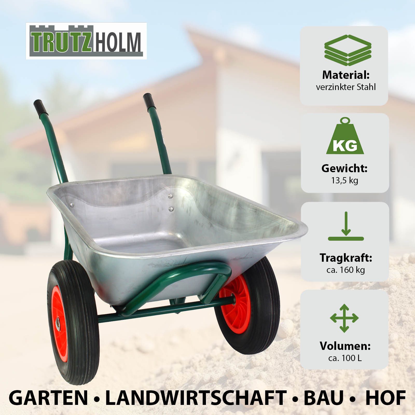 TRUTZHOLM Schubkarre 2-Rad 100 Liter 160 kg Tragkraft PU Vollgummirad Bauschubkarre, verzinkter Stahl