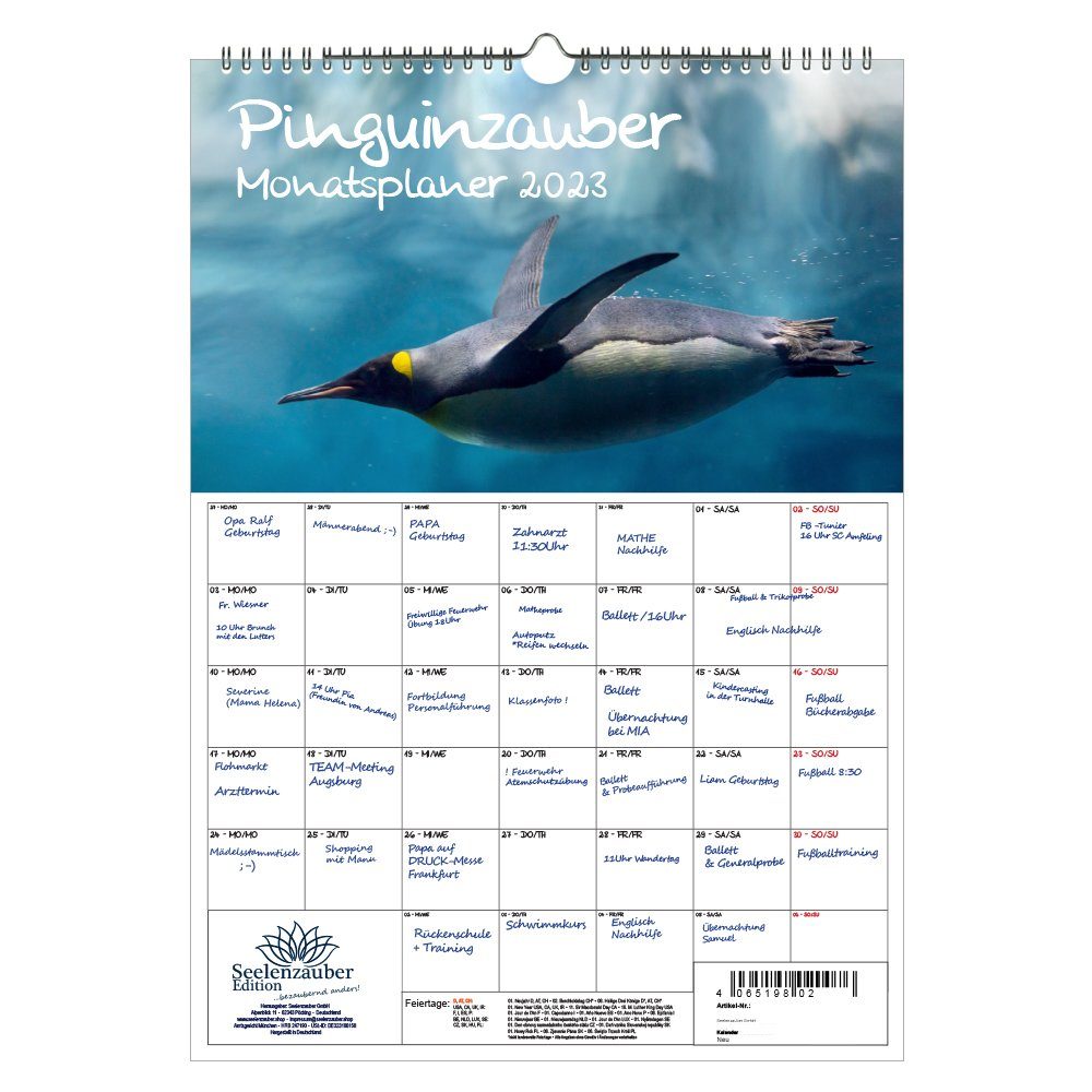 Seelenzauber Wandkalender Pinguinzauber Planer DIN A3 - Kalender für 2023 Pinguin - Seelenzauber