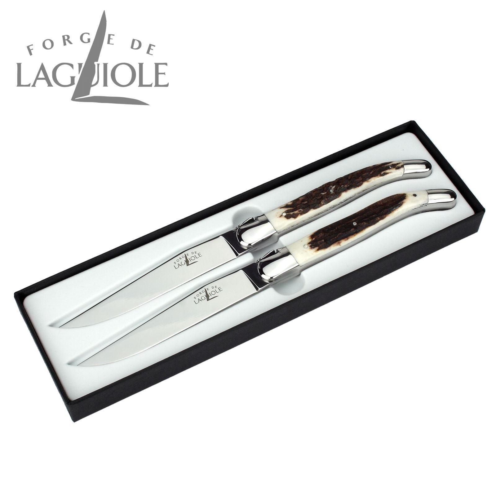 Forge de Laguiole Steakmesser T2 2M IN CF BRI 2er Set - Griff Hirschhorn - Stahl glänzend - Aufbewahrungsbox