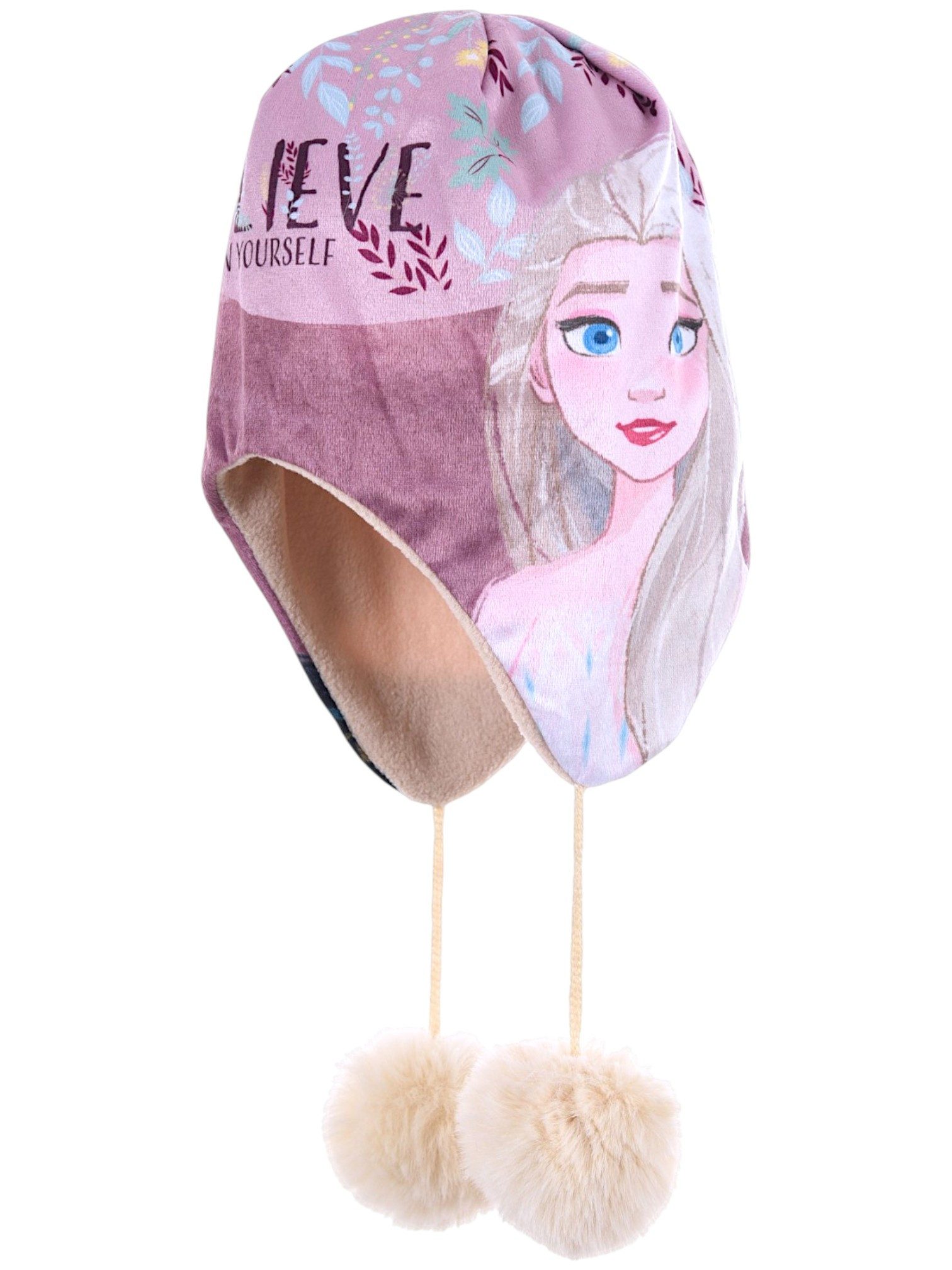 Disney Frozen Fleecemütze Elsa & Anna Wintermütze mit verlängerten Ohrenklappen Peruvian Mütze mit Fleecefutter und flauschige Kunstfell-Pompons