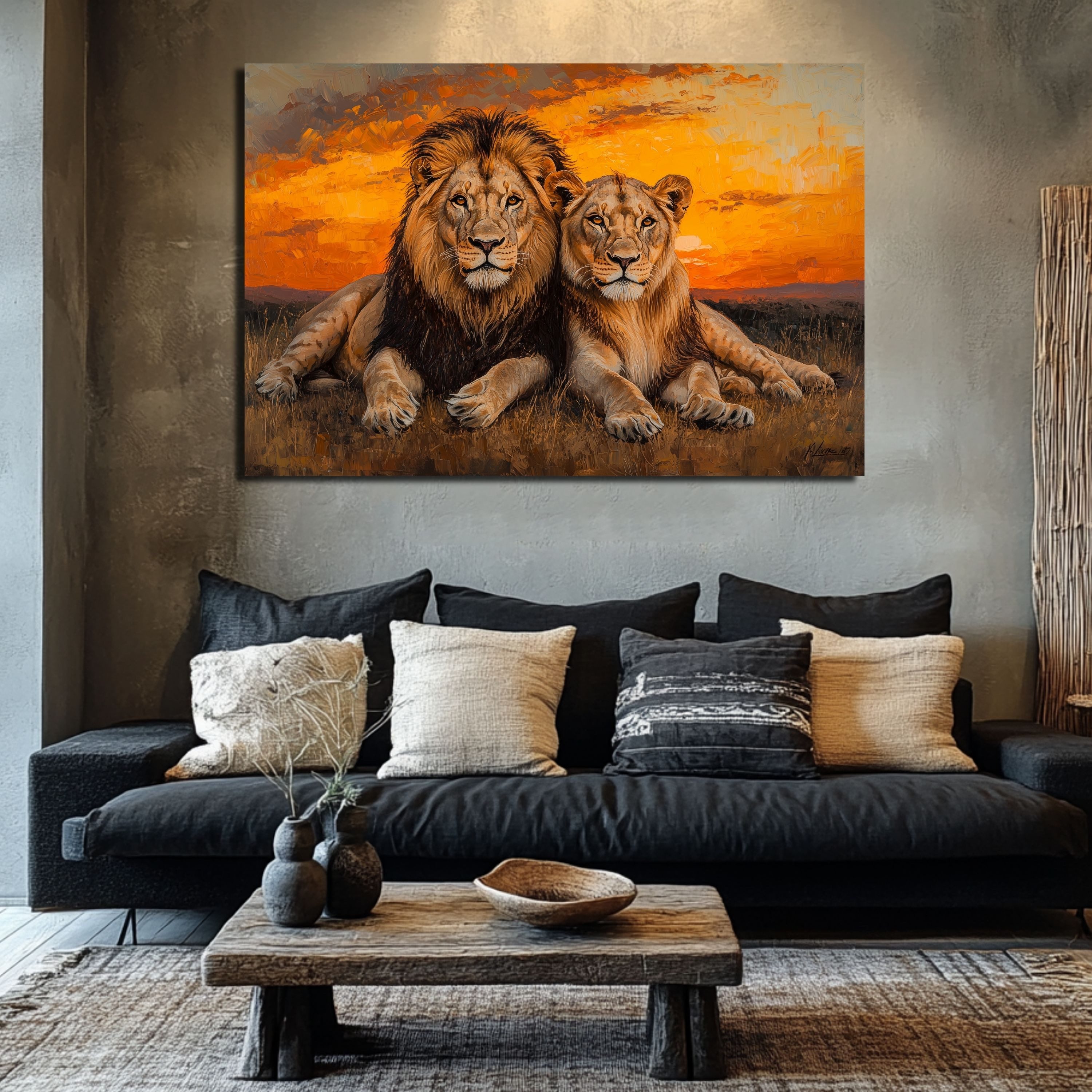 DARO Design Leinwandbild Modern Abstrakt Wandbilder XXL Wandbild Wand Deko Leinwand Bilder, (Löwenpaar Sonnenuntergang - Bild groß Wohnzimmer Schlafzimmer Küche – Bild 2 von 5
