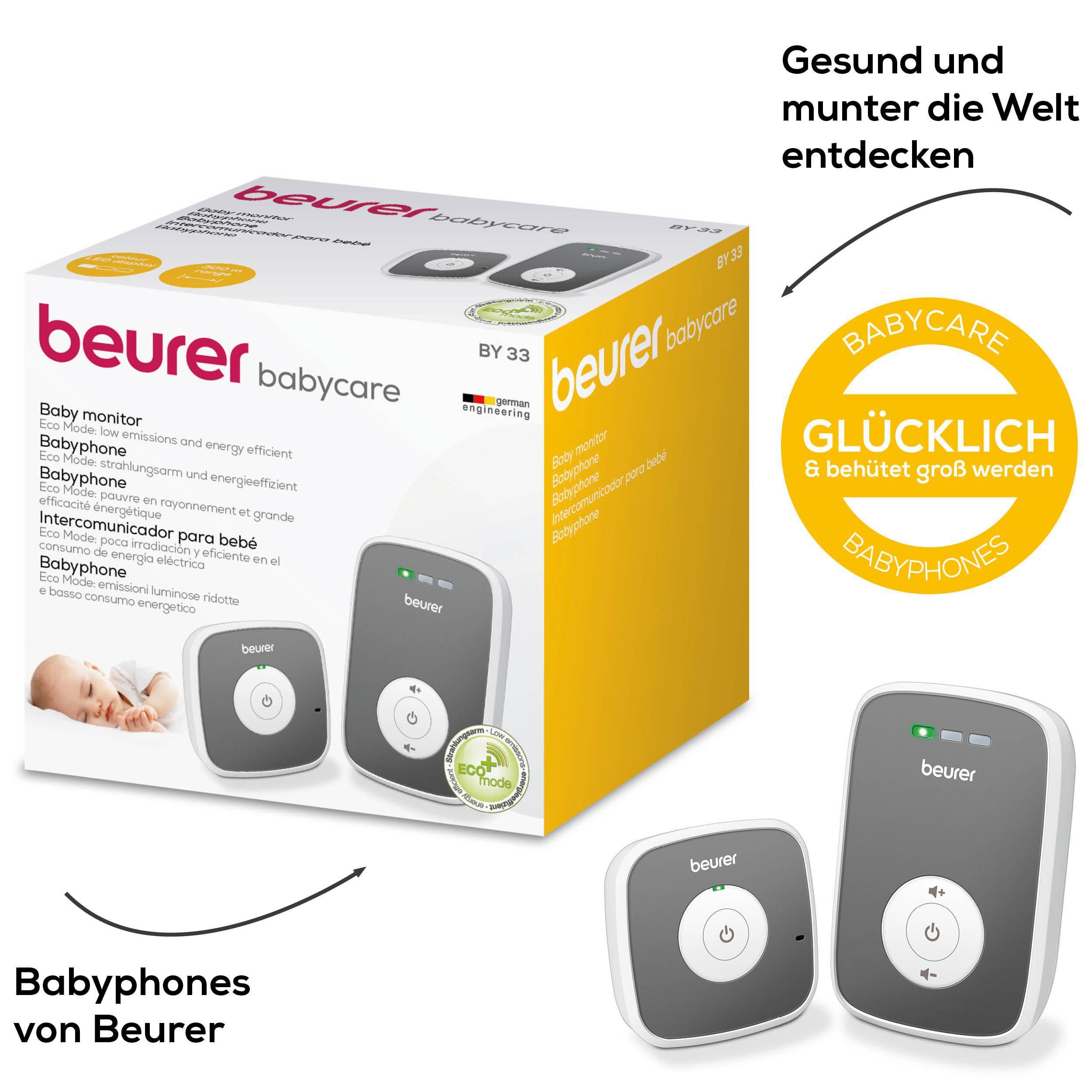 BEURER Babyphone BY 33 mit optischer Geräuschpegelüberwachung und LED-Anzeige, Reichweitenkontrolle mit akustischem Signal