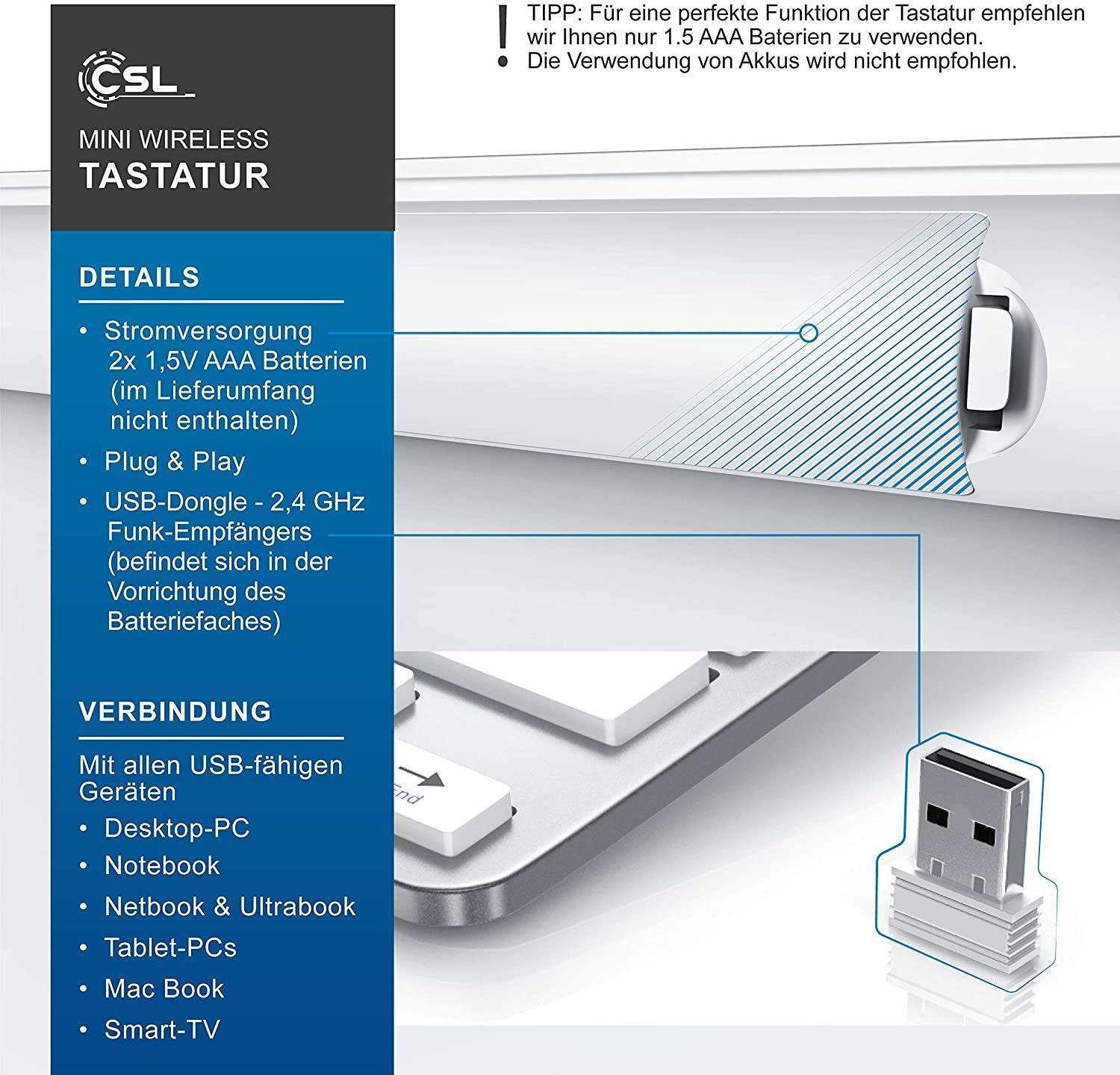 CSL Wireless-Tastatur Mini ergonomisch, platzsparend, Keyboard, silber (2,4Ghz Design Slim Kabellos)