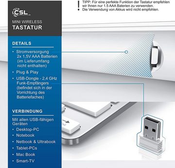 CSL Wireless-Tastatur (2,4Ghz Slim Design Mini Keyboard, platzsparend, ergonomisch, Kabellos)