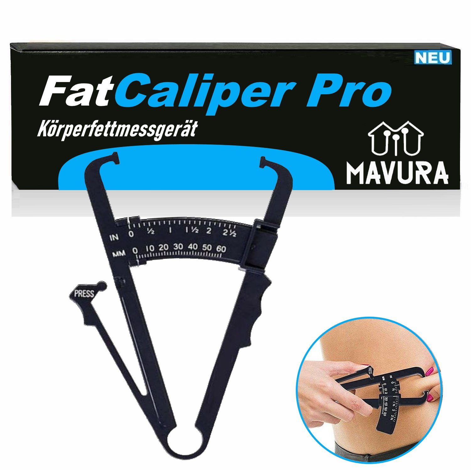 MAVURA Körper-Analyse-Waage FatCaliper Pro Körperfettmessgerät Fettzange Körperfettzange, Fettmesser Fettmesszange Fett messen [mit Online Fett-Rechner]