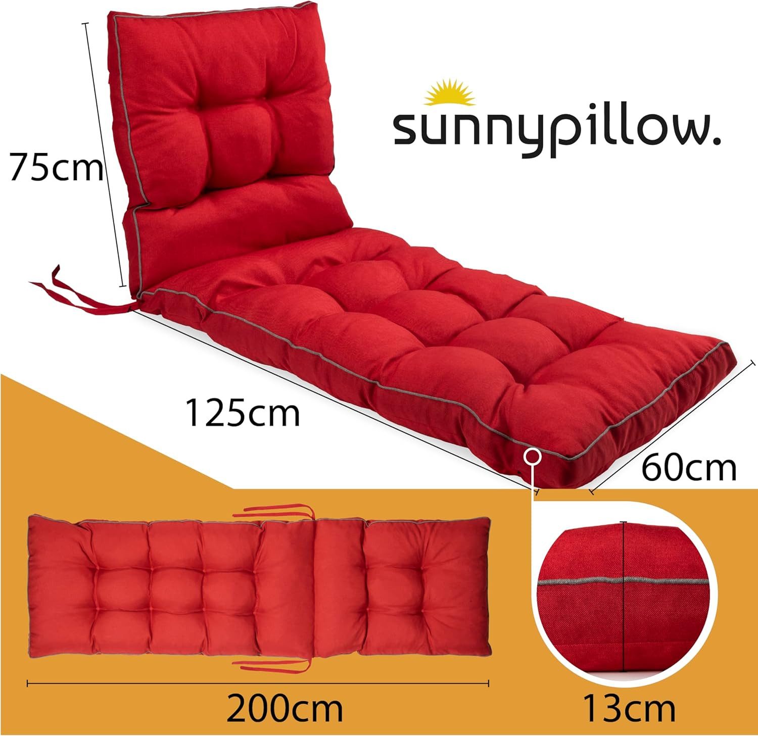 sunnypillow Liegenauflage 200 x 60 - Auflage für Gartenliege extra dick 13cm, Rot