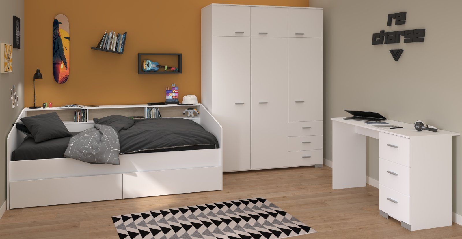 Parisot Jugendzimmer-Set Sleep, (Kinderzimmer in weiß, mit Stauraumbett, Kleiderschrank und Schreibtisch), mit viel Stauraum