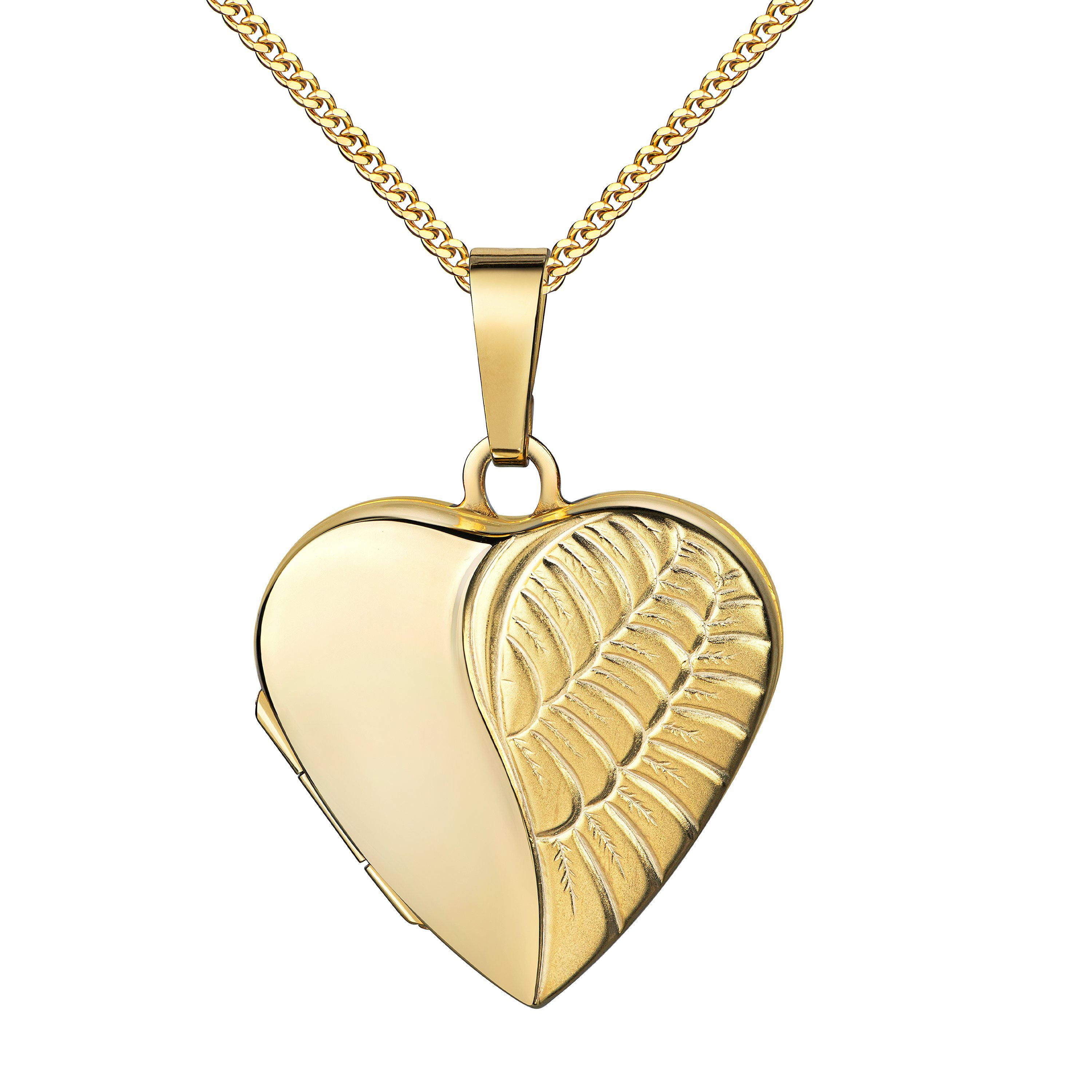 JEVELION Amulett Medaillon 585 Gold-Amulett Herz Flügel zum Öffnen 2 Bilder Herzkette (Foto Medaillon aus Gold, für Damen und Mädchen), Mit Kette vergoldet - Länge wählbar 36 - 70 cm oder ohne Kette.