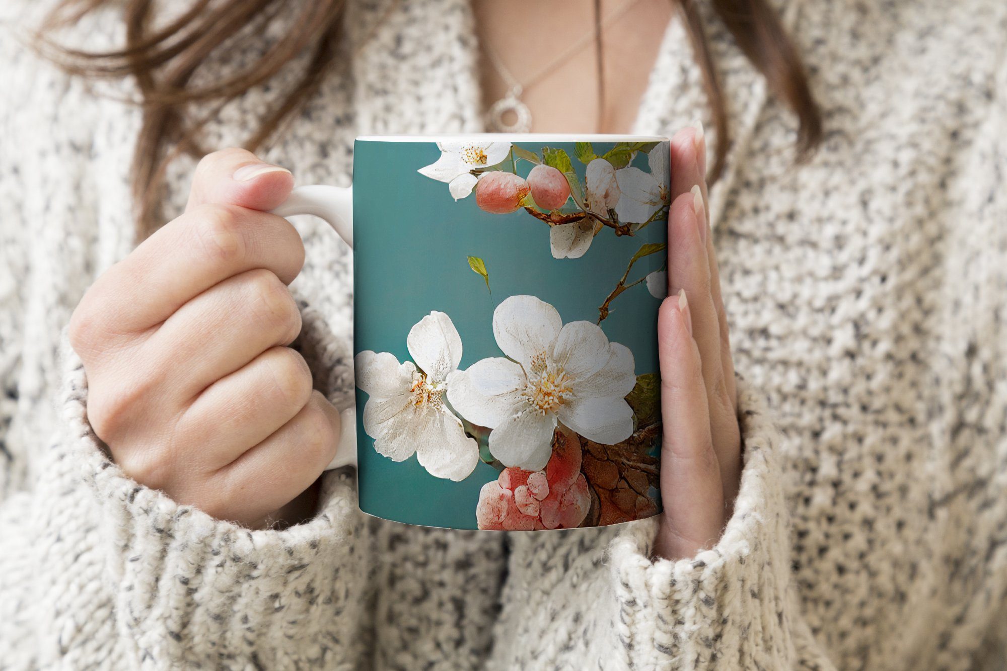 Zweig Blumen Weiß, Teetasse, - Tasse Keramik, - MuchoWow Kirsche Geschenk - Teetasse, Kaffeetassen, - Blüte Becher,