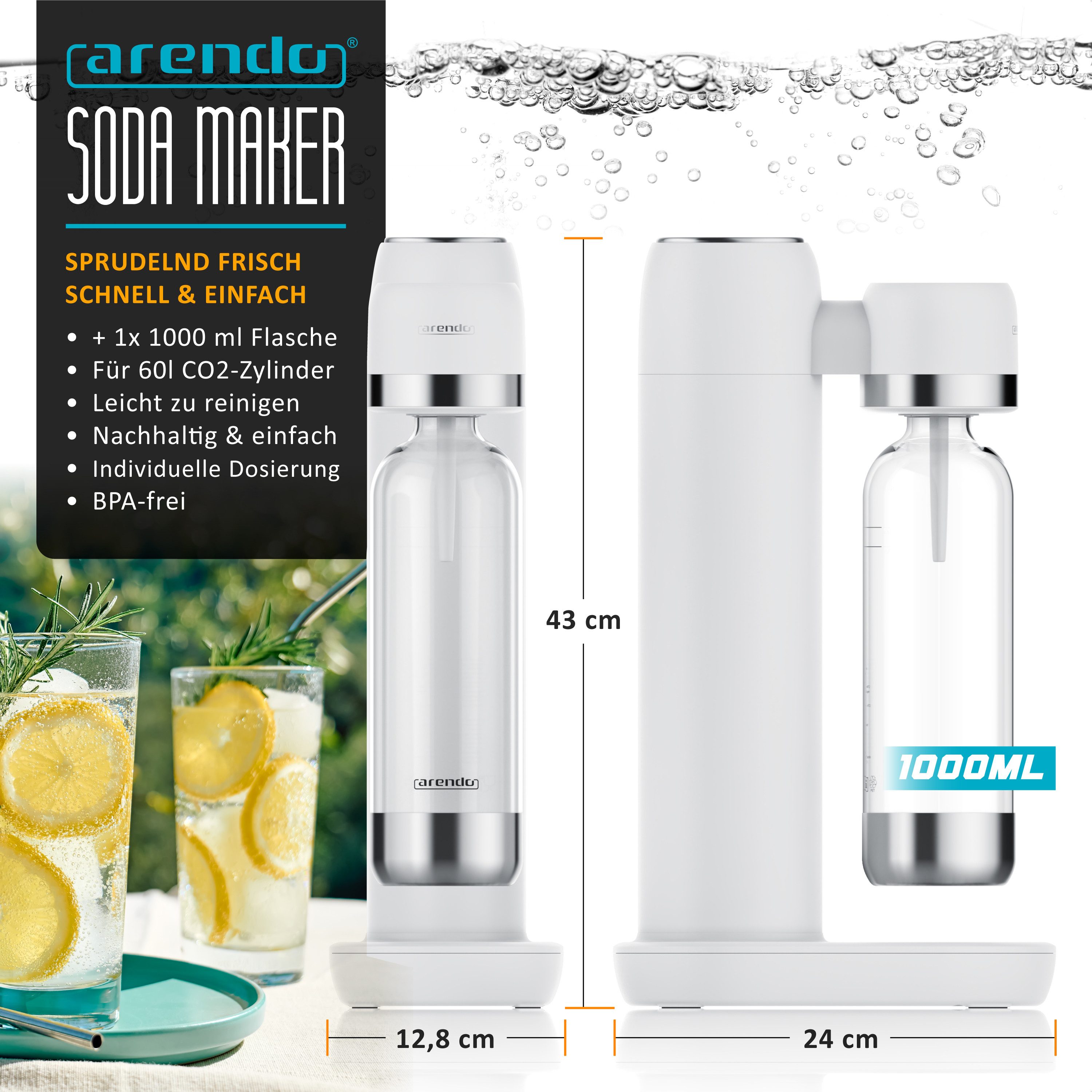 Arendo Wassersprudler Soda Maker mit 3x 1000 ml Flaschen, kompatibel mit 60l CO2 Zylindern, (Set, 4-tlg., Soda Maker, PET-Flasche), Soda Streamer + 3 Wasserflaschen, BPA-frei, fein dosierbar, Carbonator