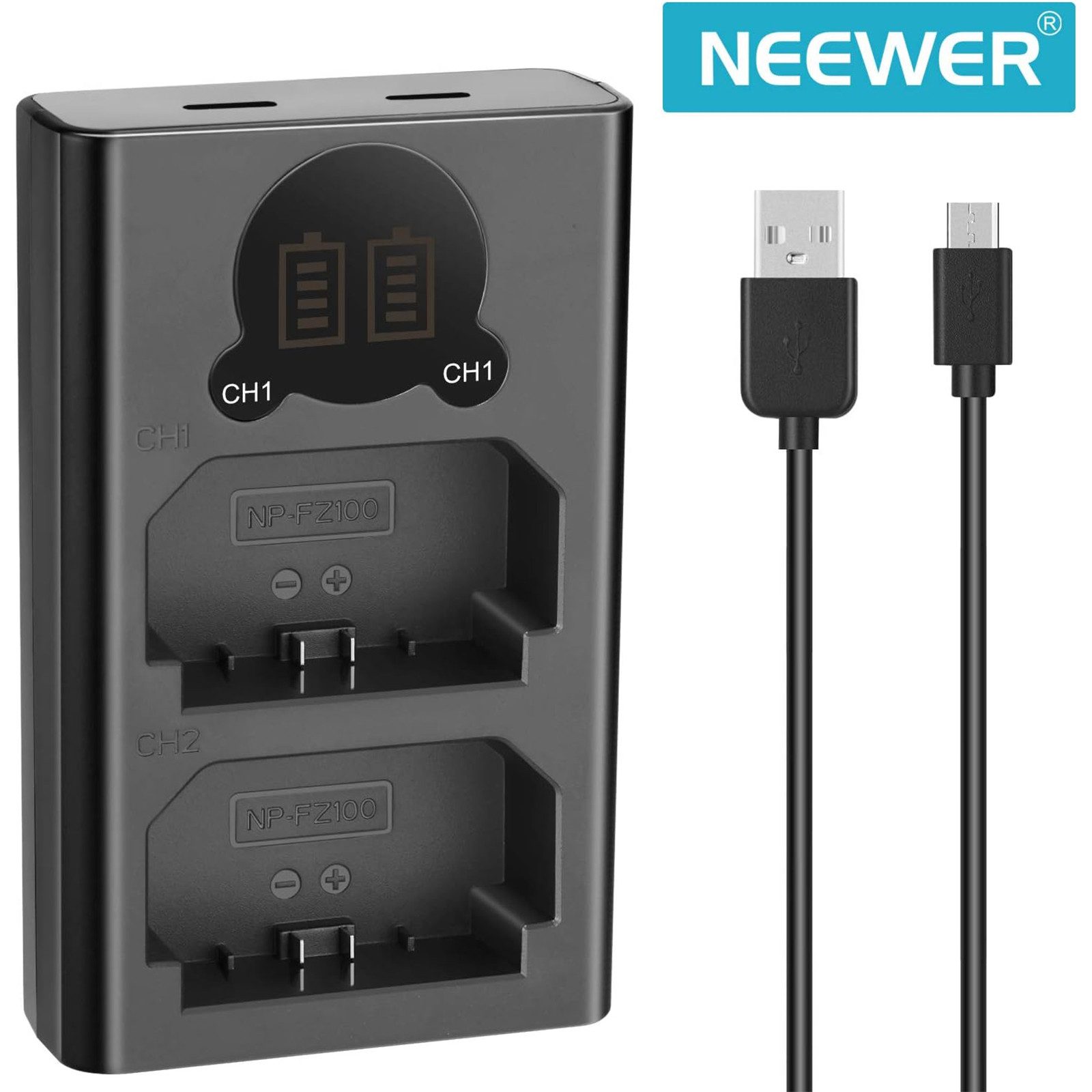 Neewer DL-FZ100 Dual USB Ladegerät für Sony NP-FZ100 Akku, mit LCD Display Batterie-Ladegerät (2100 mA, Packung, micro-USB/Type-C, für Sony ZV-E1 FX3 FX30 A1 A9 II A7R V Kameras)