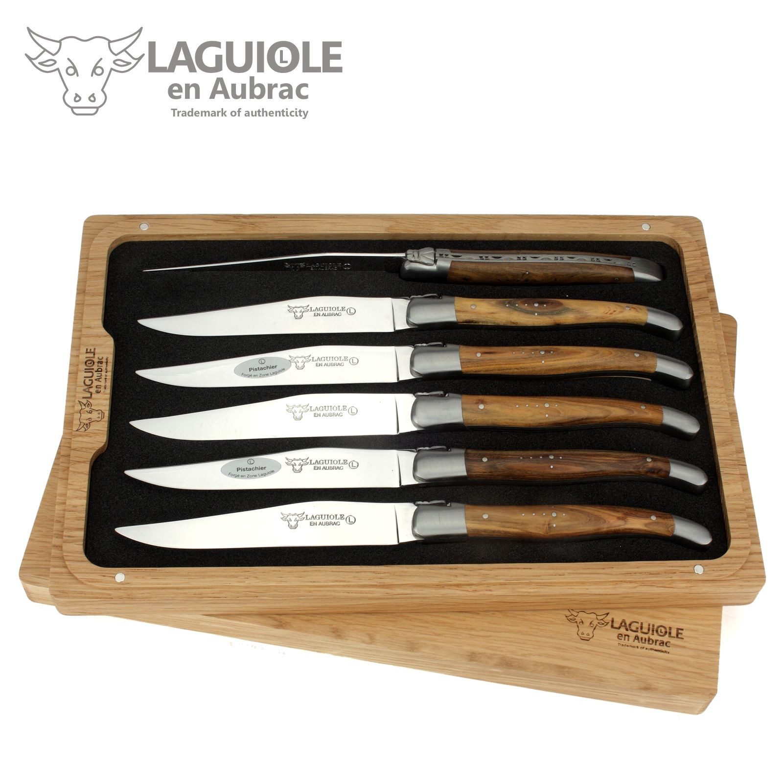 Laguiole en Aubrac Steakmesser 62C99PIIH 6er Set - Griff Pistazie - Backen matt - Klinge glänzend - Holzbox