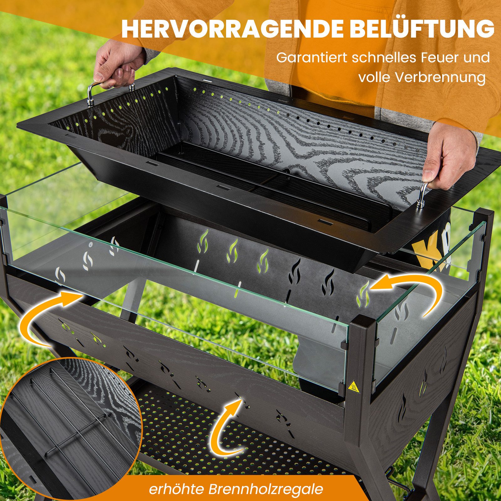 COSTWAY Holzkohlegrill, Campinggrill mit Würzregalen, BBQ-Grill aus Edelstahl