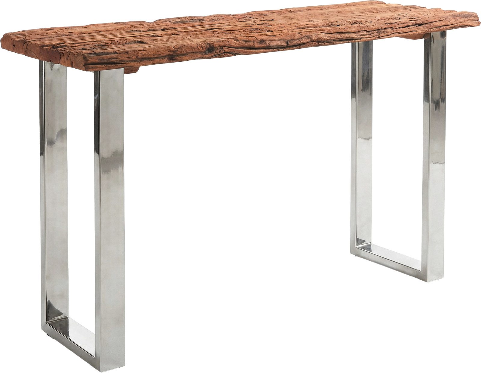 DELIFE Beistelltisch Gravio, Altholz Braun 140x40 cm Gestell Edelstahl poliert Konsole