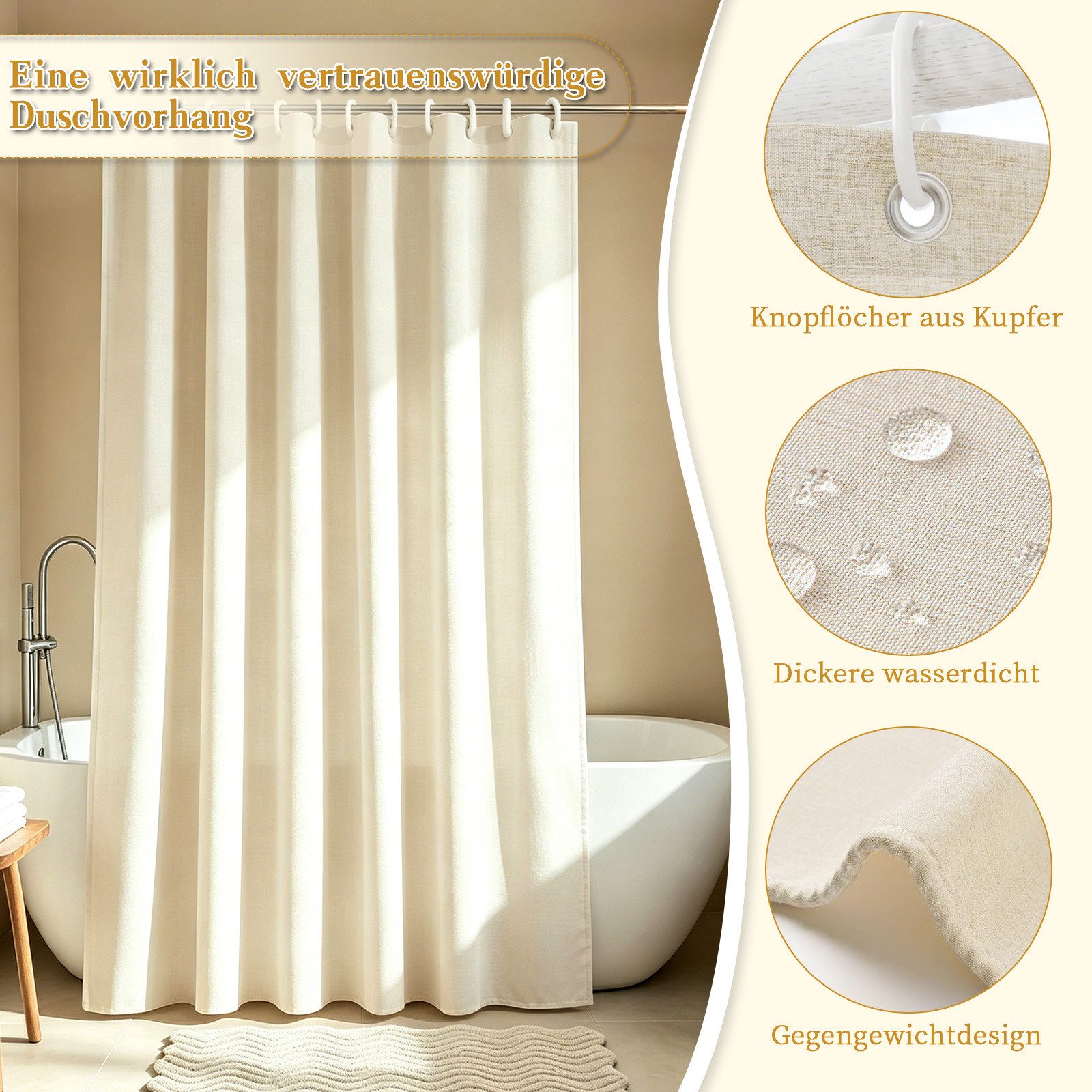 M&W DAS DESIGN Duschvorhang Shower curtains Anti schimmel Waschbar Mit gewicht Schwer Leinen beige Breite 180 cm – Bild 5 von 5
