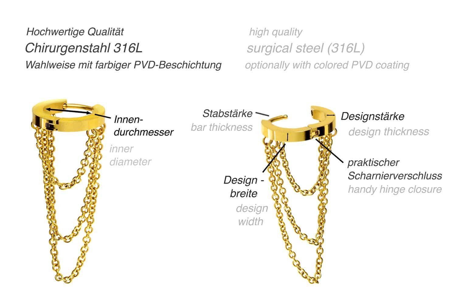 PIERCINGLINE Single-Ohrstecker Chirurgenstahl Ohrclicker 3 KETTEN (Clicker, 1-tlg), Ohrpiercing für Conch, Helix, Tragus, Daith, Lobe