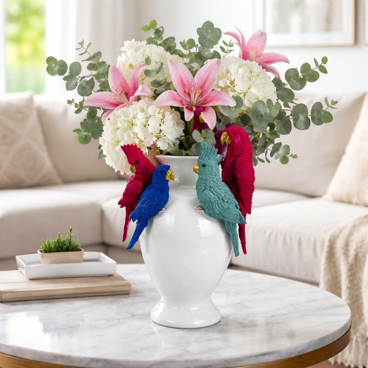 Online-Fuchs Tischvase in Weiß mit 6 Papageien besetzt - moderne Deko Vase - 30 cm groß (mit goldenen Schnäbeln verziert, wetterfest), modern - stilvoll - elegant - exotisch - außergewöhnlich