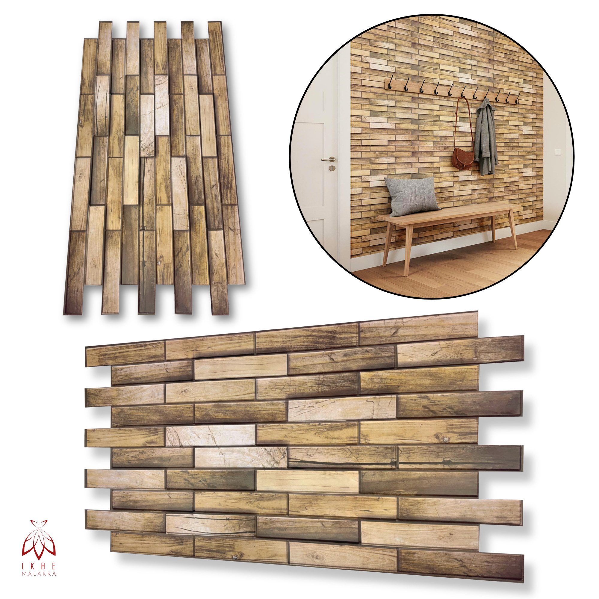 IKHEMalarka 3D Wandpaneel 4qm/10 Stück 3D Lamellen Holz Imitat, 0,40 qm, Wandpaneele PVC-Verkleidung IMITATION OF WOOD Holz Imitation