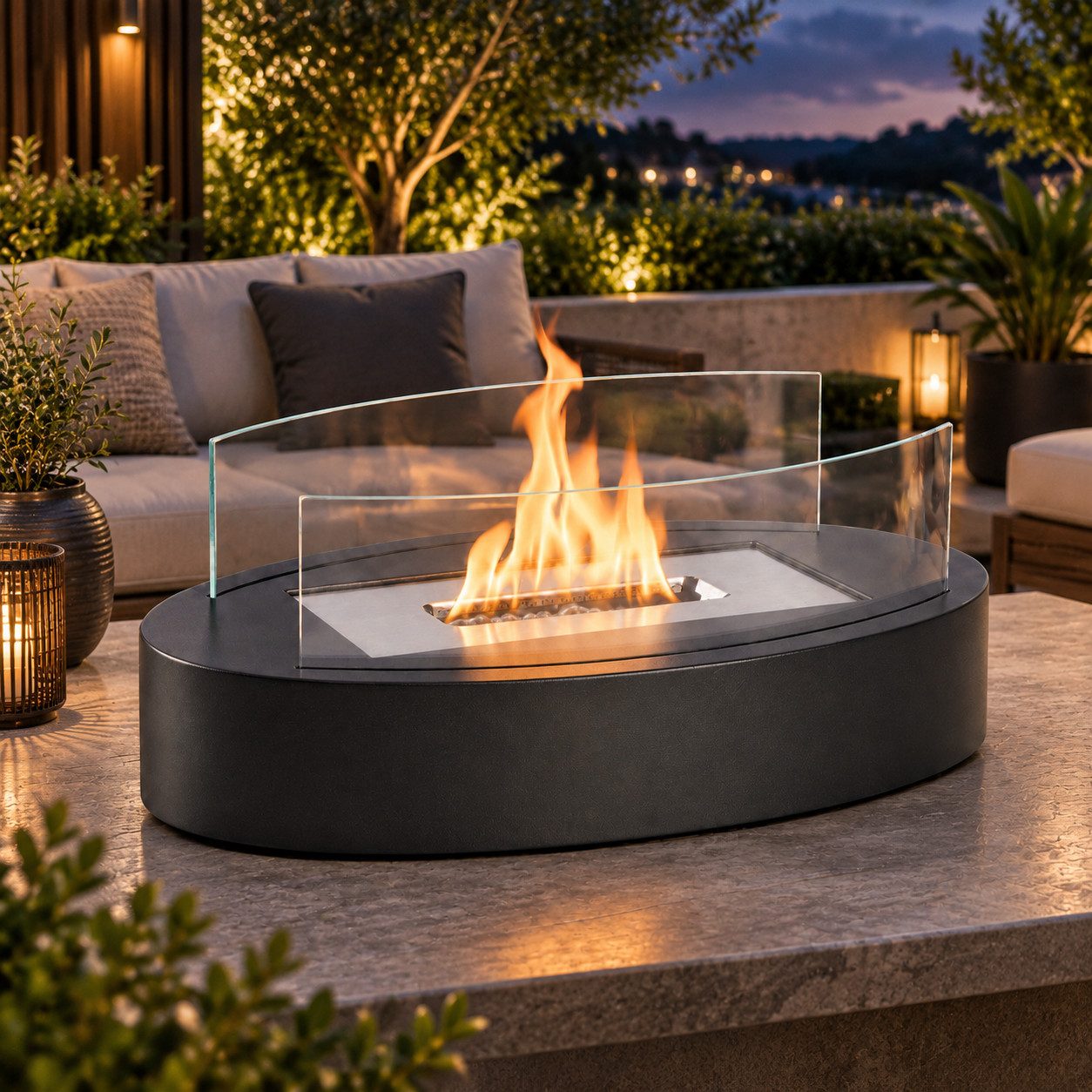 ZMH Tischfeuer Indoor Outdoor Tischkamin Ethanol Dekokamin Set Glas Edelstahl, 2 gebogene Windschutzscheiben, geeignet für drinnen und draußen