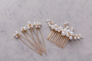 Brautkrone Schmuckset Braut Haarschmuck Hochzeit Perlen gold (5-tlg), verschiedene Perlengrößen