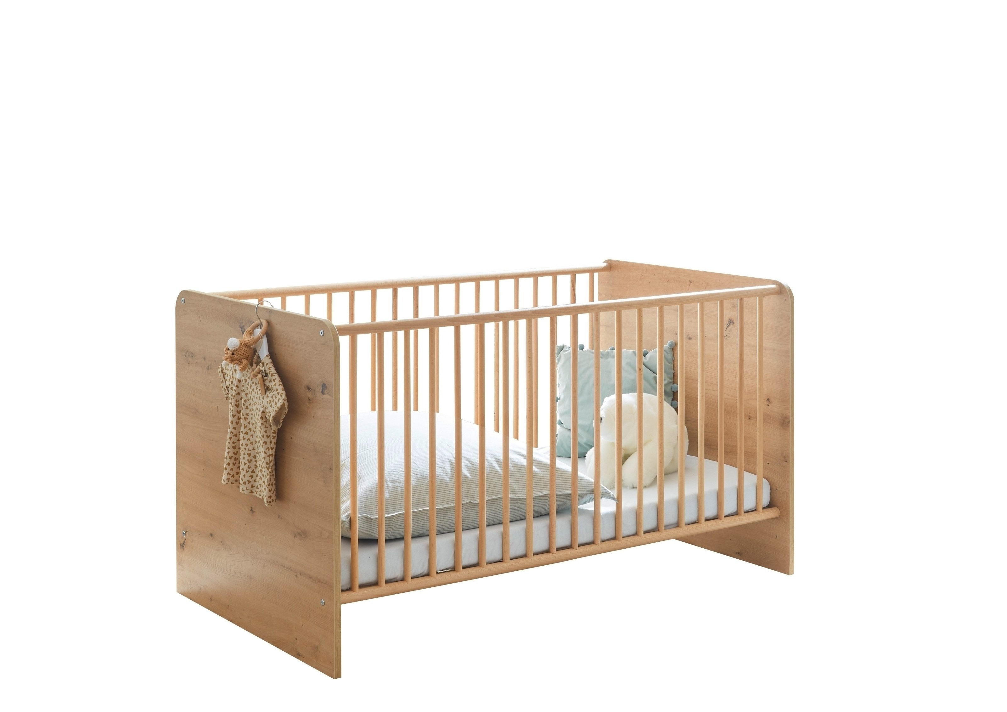 PREISBRECHER Babybett Birta, 3 Schlupfsprossen, Artisan Eiche Dekor / Salbei - 78x90x143cm (BxHxT)