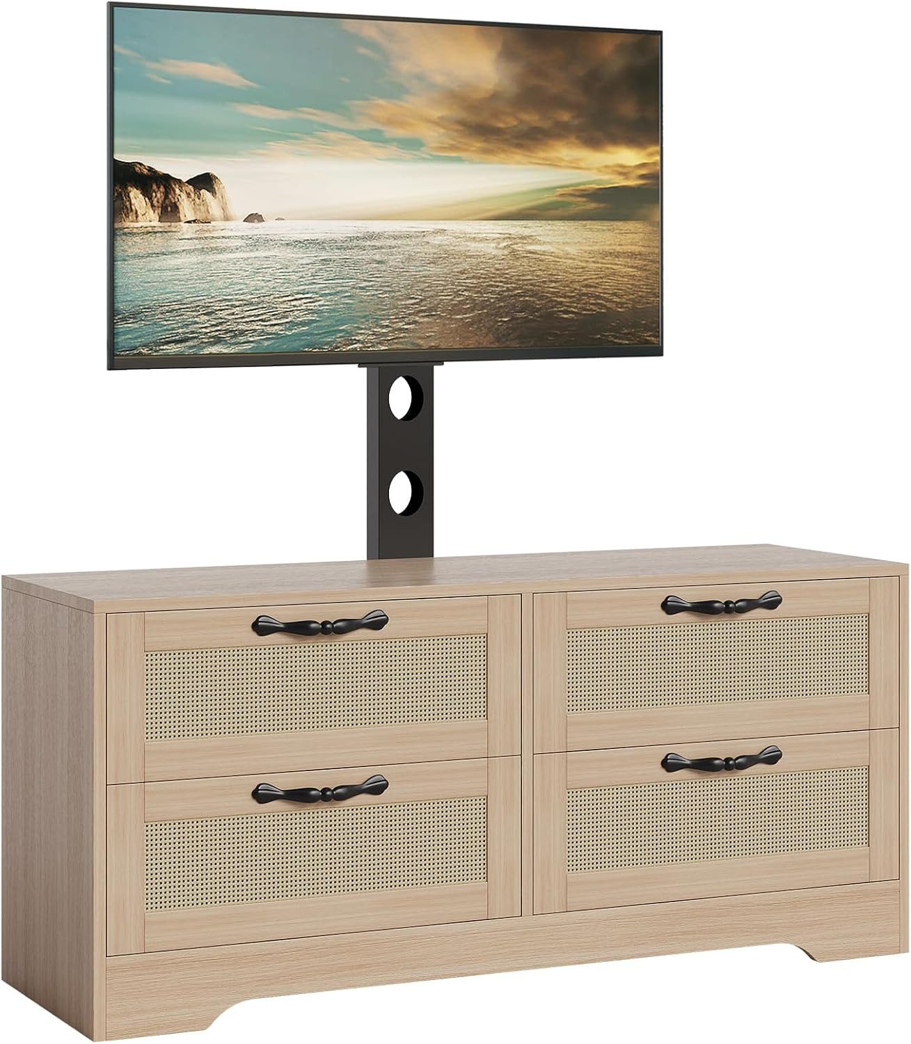 GarveeMore TV-Schrank mit 4 Rattan Schubladen & TV-Wandhalterung für bis zu 70 Zoll Holz TV Möbel Entertainment Center für Wohnzimmer & Schlafzimmer