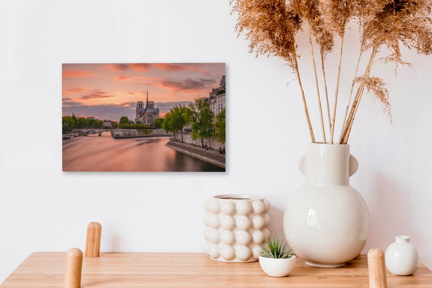 Wandbild Leinwandbild Notre Sonnenuntergang 30x20 in hinter Wanddeko, Dame St), Leinwandbilder, (1 Paris, cm Aufhängefertig, OneMillionCanvasses®