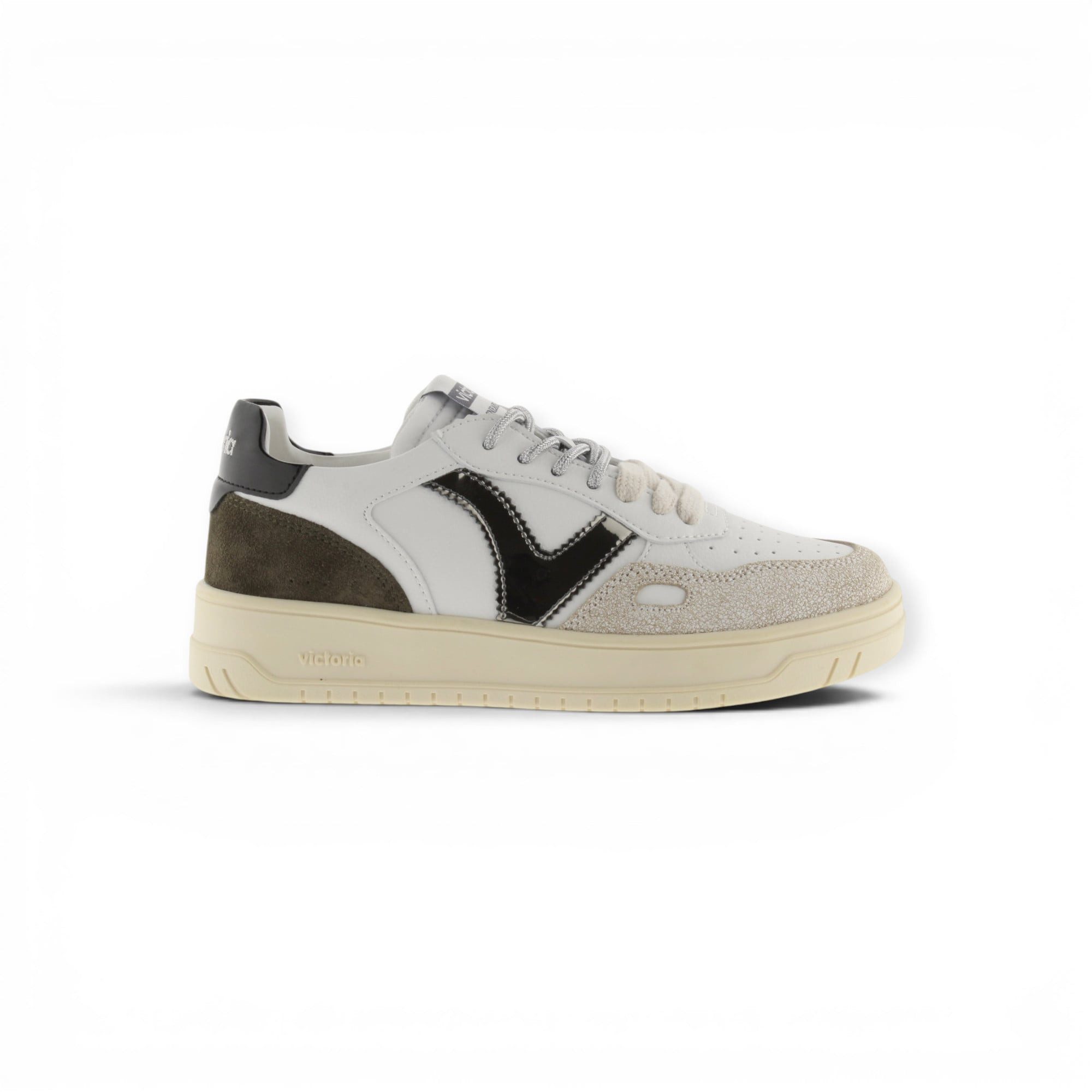 Victoria Seul (Ledereffekt/Velourleder&Metall) - weiss/khakigrün Damen Sneaker