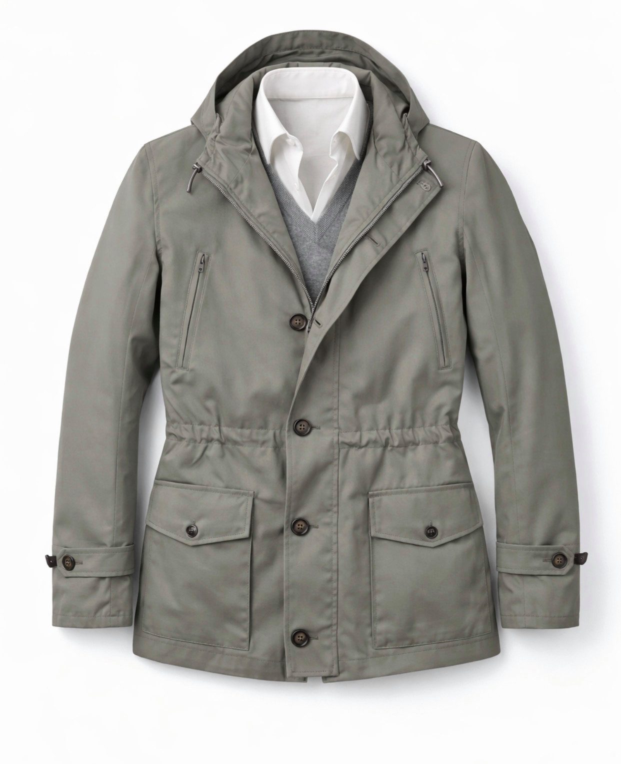 BRUNELLO CUCINELLI Fieldjacket Kapuzenparka aus wasserabweisendem Mikrofasermaterial Zwei Fronttaschen mit Knöpfen, zwei seitliche Reißverschlusstaschen