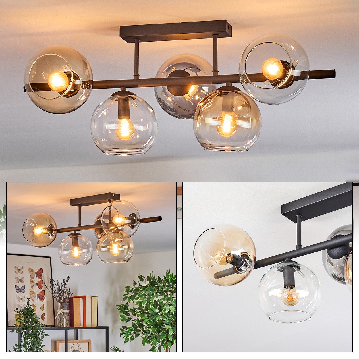 hofstein Deckenleuchte Deckenlampe aus Metall/Glas in Schwarz/Rauch/Klar/Bernstein, Deckenleuchte im Retro/Vintage-Design (Schirm Ø 15 cm), 5 x E14