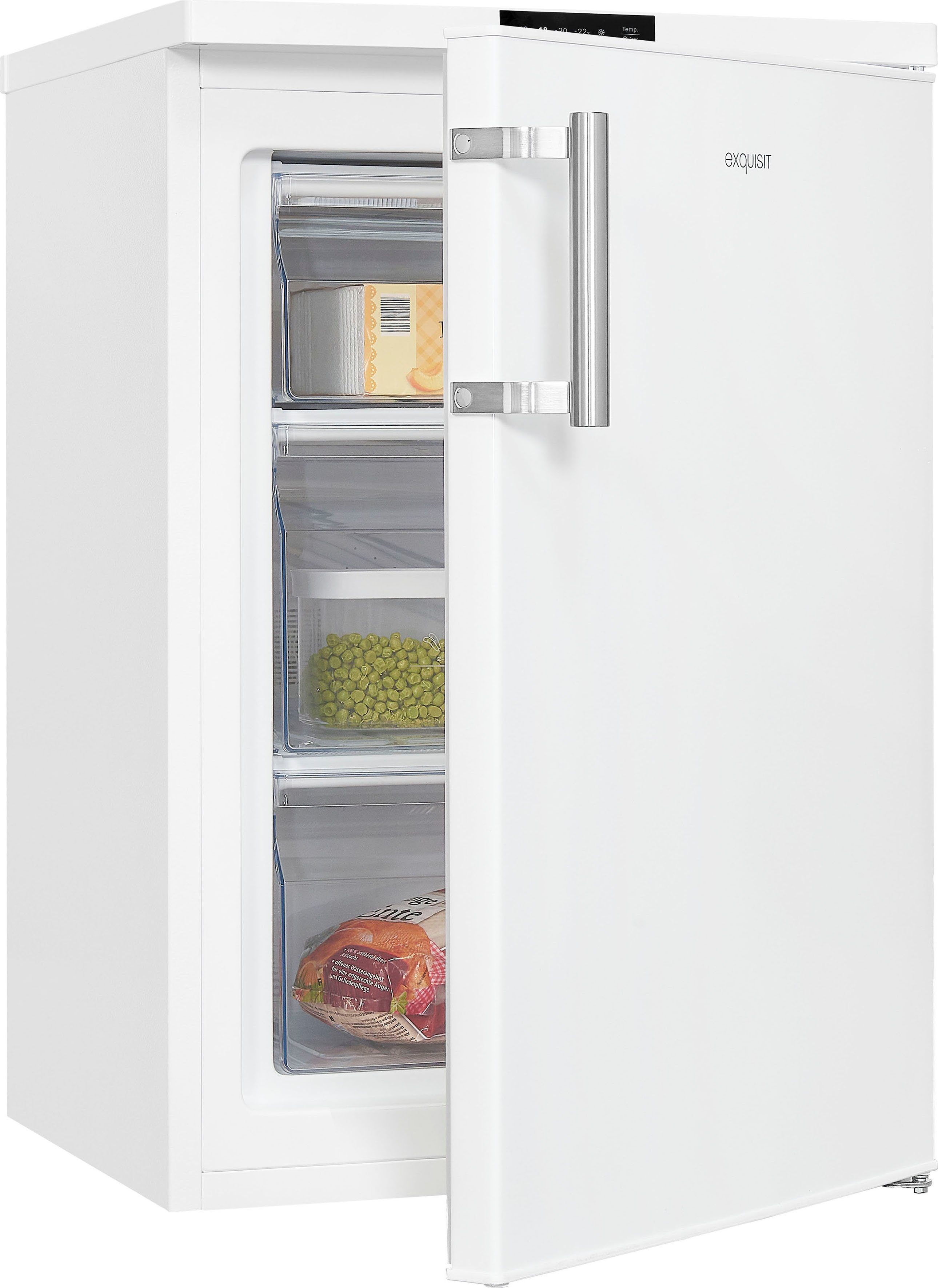 exquisit Gefrierschrank GS81-HE-010D weiss, 85,0 cm hoch, 56,0 cm breit, Tiefkühlschrank klein 85 L Volumen, Leiser Betrieb, Schnellgefrieren