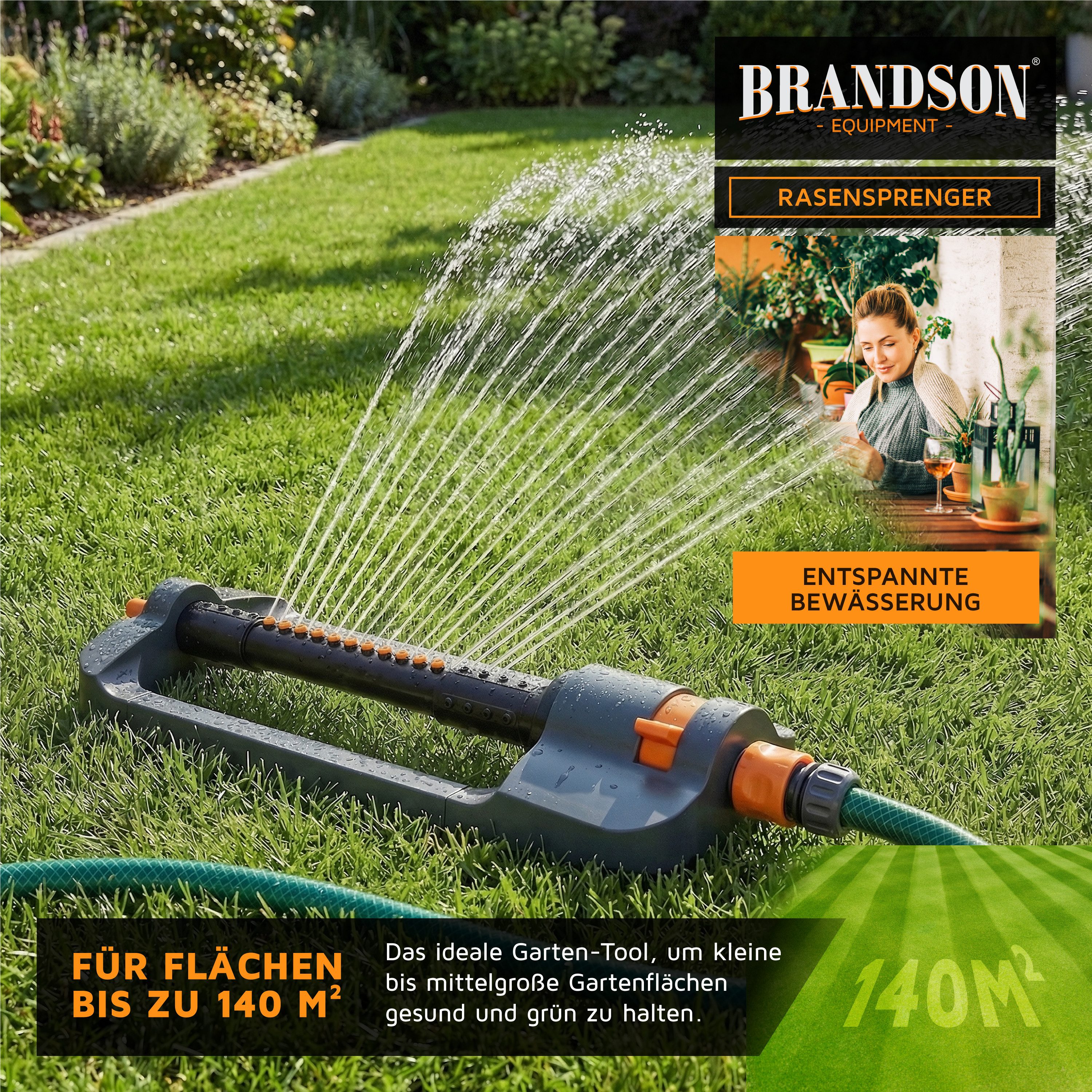 Brandson Viereckregner Garten Rasensprenger, Vierecksprenger, Oszillations-Regner, Sprinkler, für Flächen bis 140 m², (1-St), 19 Düsen, 13m Reichweite, Wasserfilter, Reinigungsstift, 1/2 Zoll
