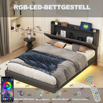 MODFU Polsterbett mit USB-Ladeanschluss und LED-Farbwechsel-Lichtleiste (160*200 cm, Doppelbett in hautfreundlichem Leinenstoff mit Lattenrost), ohne Matratze
