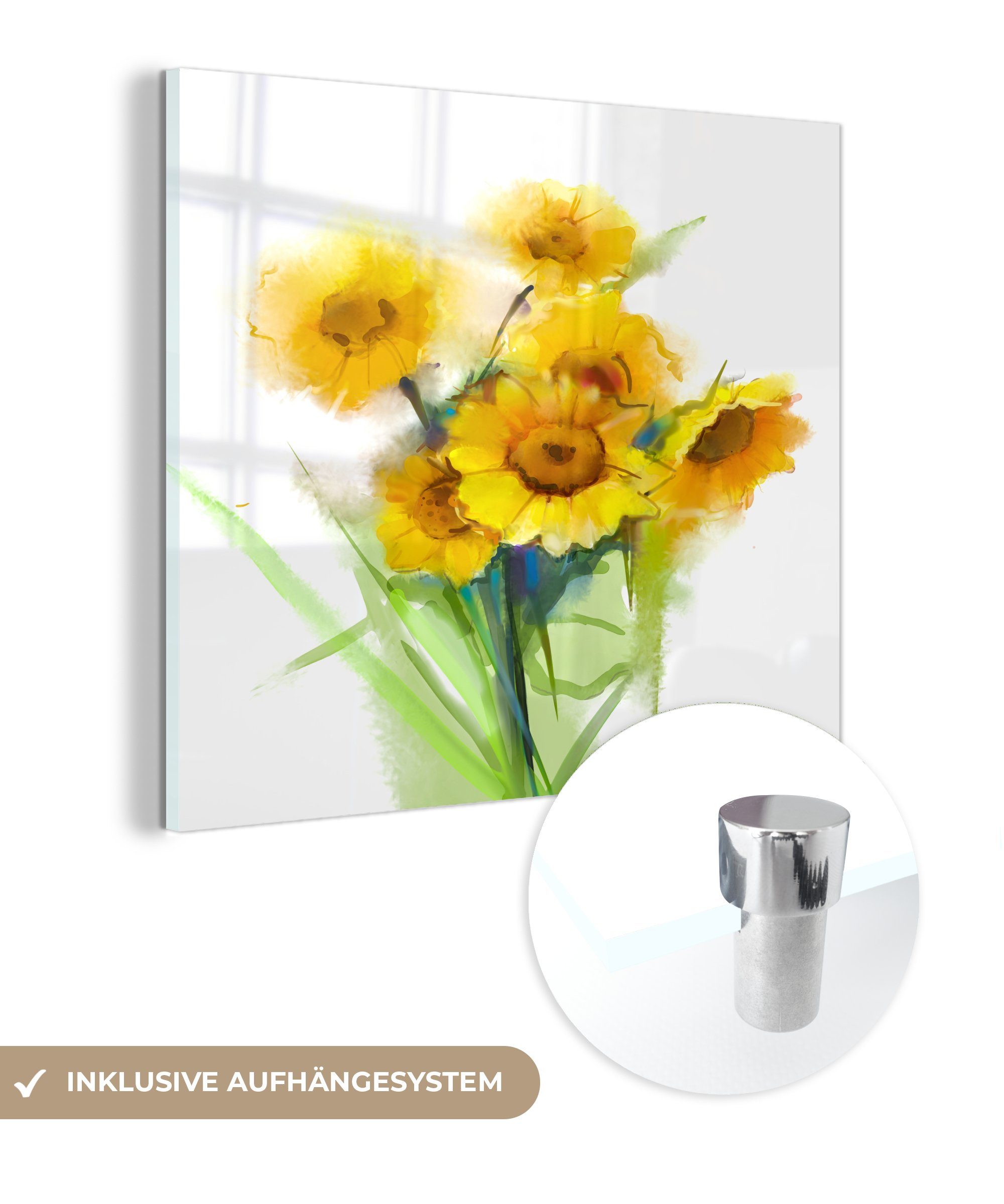 MuchoWow Acrylglasbild Ölfarbe - Sonnenblumen - Farben, (1 St), Glasbilder - Bilder auf Glas Wandbild - Foto auf Glas - Wanddekoration