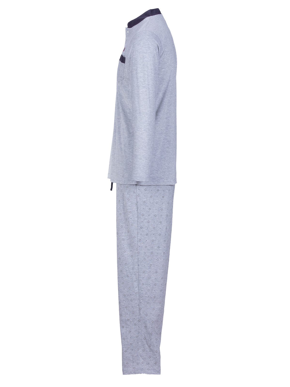 Henry Terre Pyjama Bruno Langarm- Stehkragen Shirt Uni gemusterte Hose Brusttasche – Bild 5 von 5