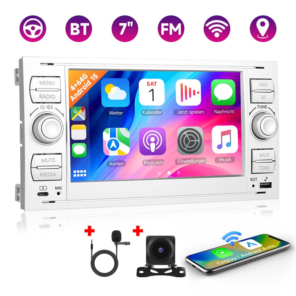 Hikity Autoradio Ford Transit/Fiesta/Focus Android 15.0 7 Zoll GPS Bluetooth Autoradio (Digitalradio (DAB), 4GB (RAM)+64GB (ROM), Typ-C-Schnellladekabel)