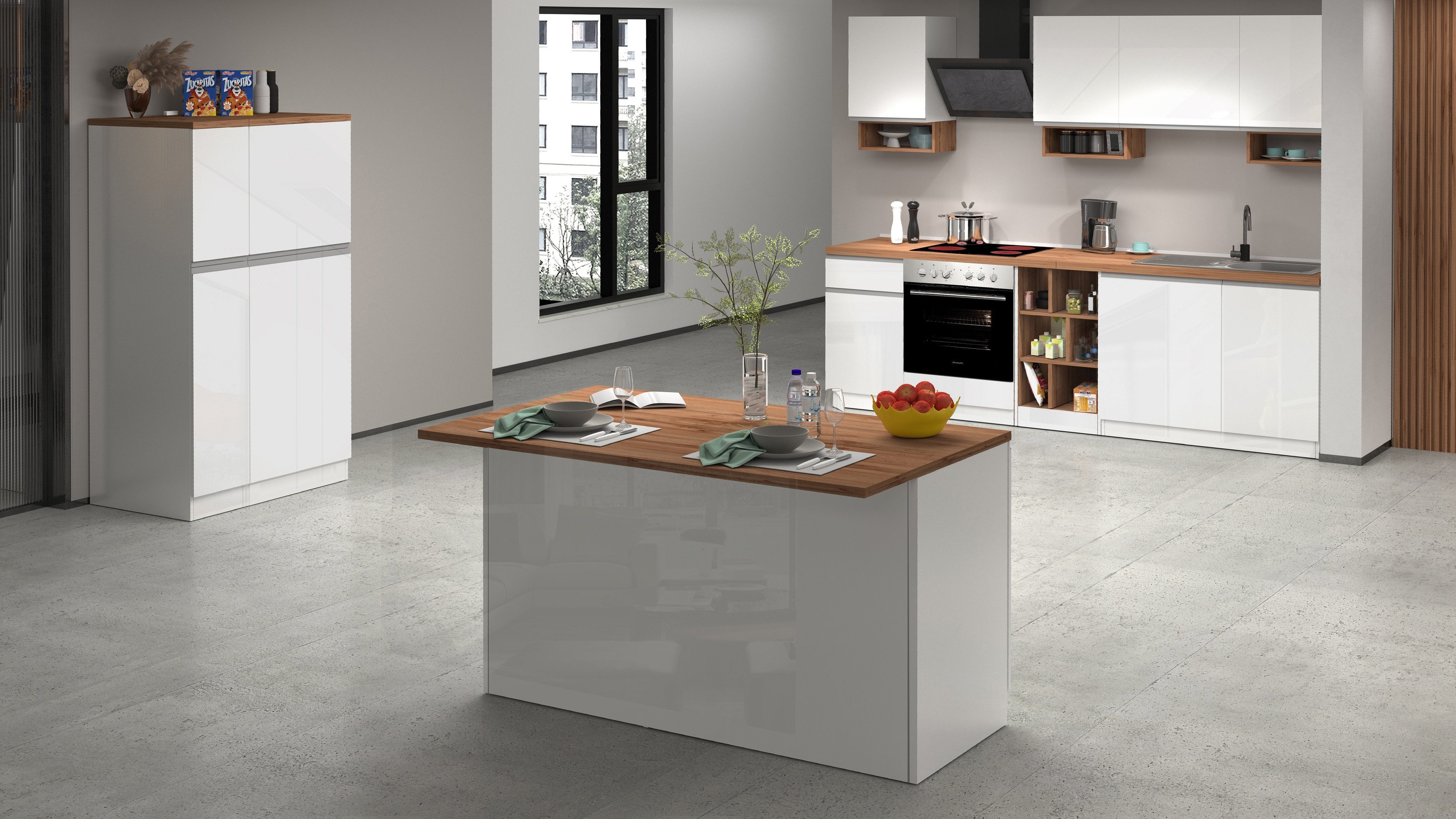 KOCHSTATION Kücheninsel KS-Sole,Kochinsel,Küchenarbeitsblock,Inselküche,Arbeitsinsel, Breite 155 cm, mit Apothekerauszug, gedämpfte Türen