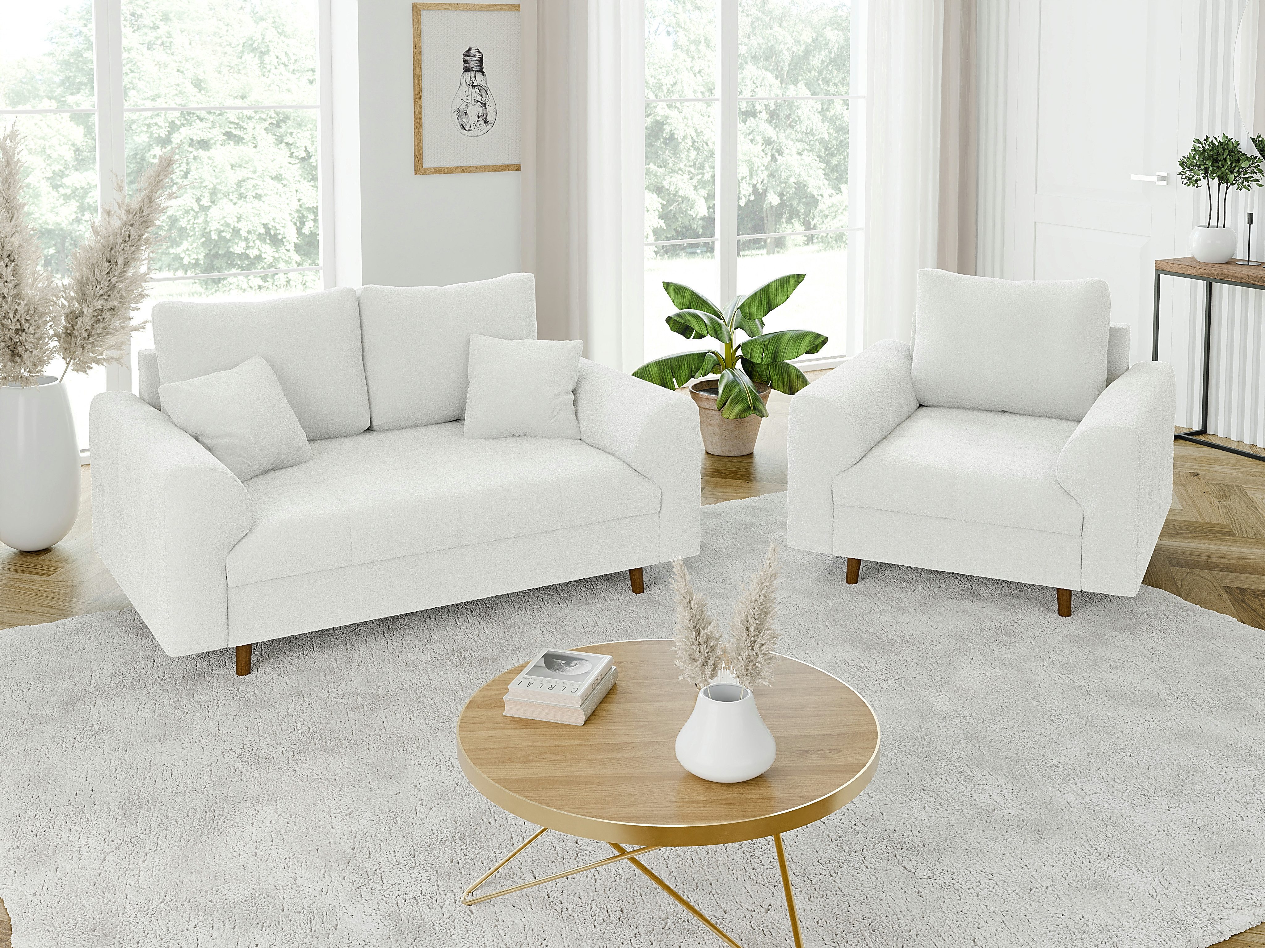 S-Style Möbel Polstergarnitur 2+1 Leif mit Braun Holzfüßen im skandinavischen Stil aus Boucle-Stoff, (1x 2-Sitzer-Sofa, 1x Sessel), mit Wellenfederung