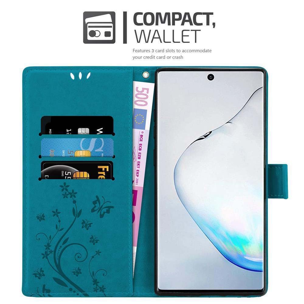 Cadorabo Handyhülle für Samsung Galaxy NOTE 10 Hülle Samsung Galaxy NOTE 10, Hülle Schutzhülle Blumen Flower mit Standfunktion Kartenfach Magnet